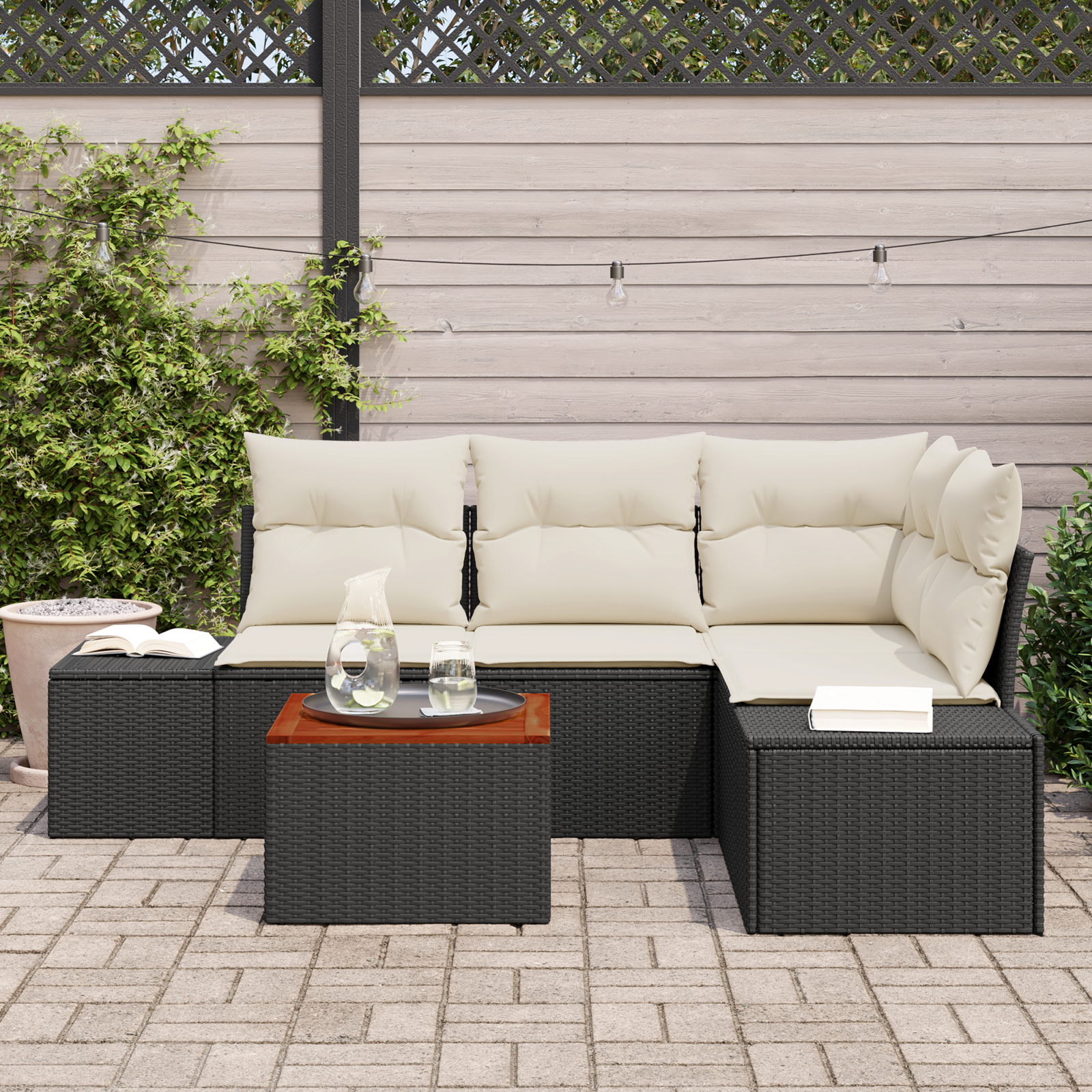vidaXL 5-delige tuinsofa set met kussens zwart poly rattan acacia