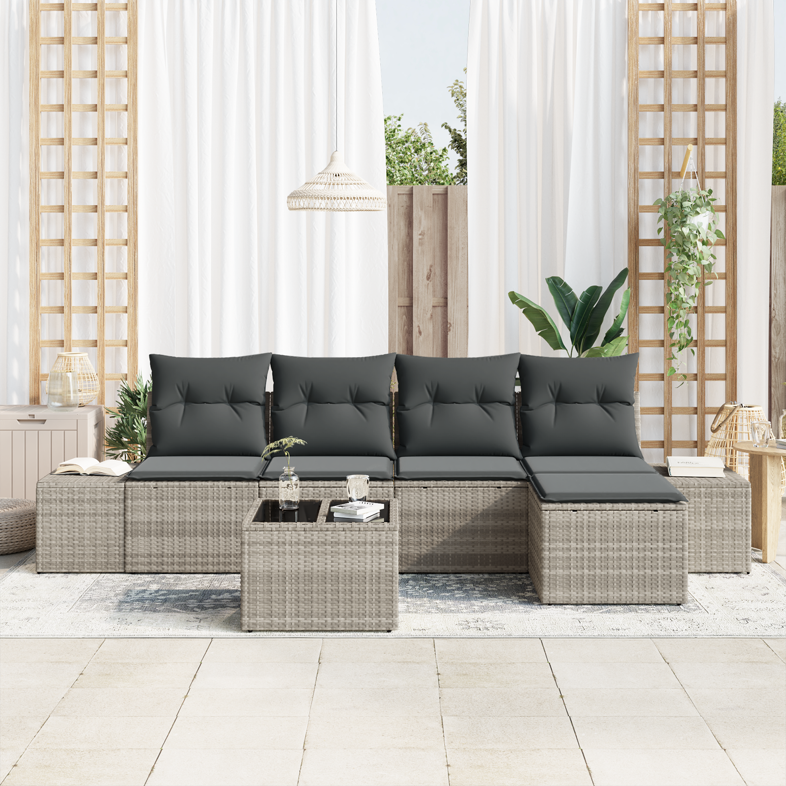 vidaXL 6-delige Tuinbankenset met kussens poly rattan grijs
