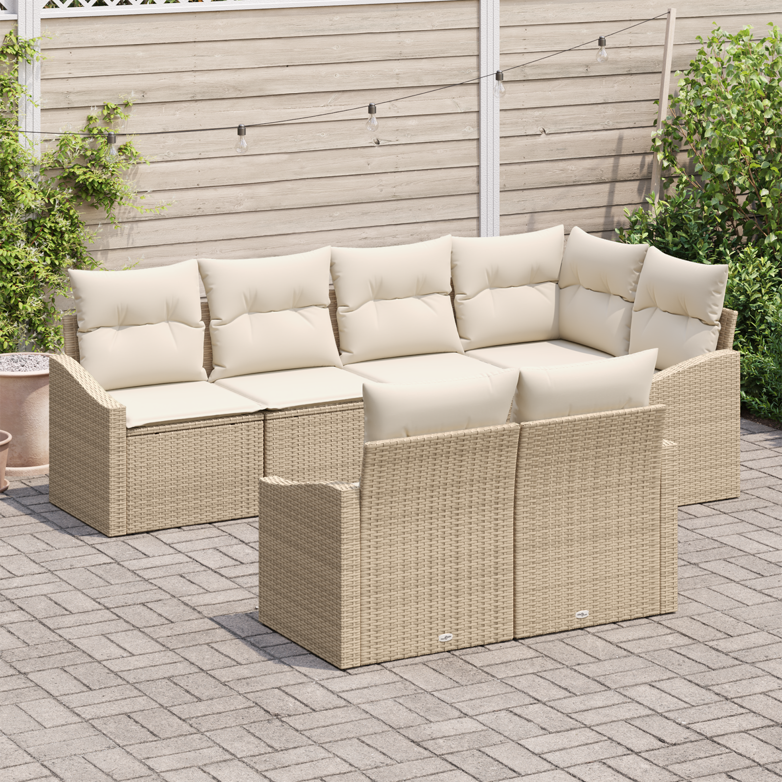 vidaXL 7-delige Tuinbankenset met kussens poly rattan beige
