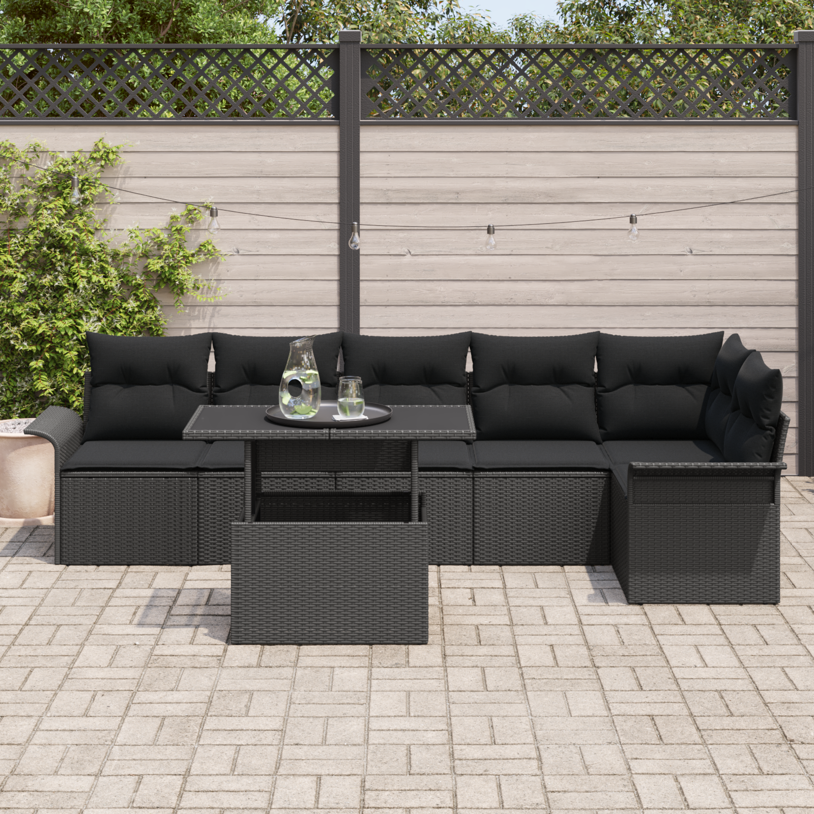 vidaXL 7-delige tuinset met kussens in zwart poly rattan