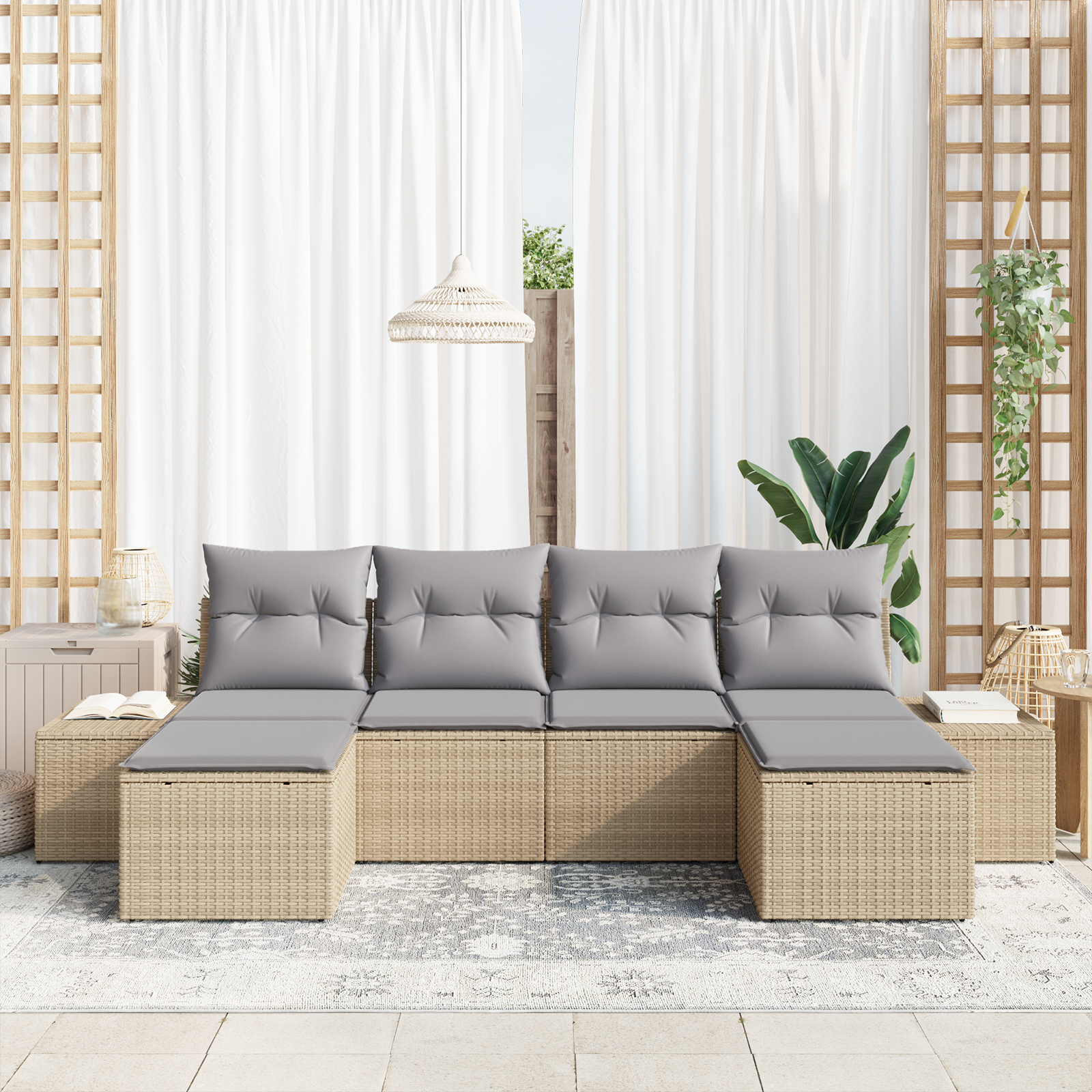 vidaXL 6-delige Tuinbankenset met kussens poly rattan beige