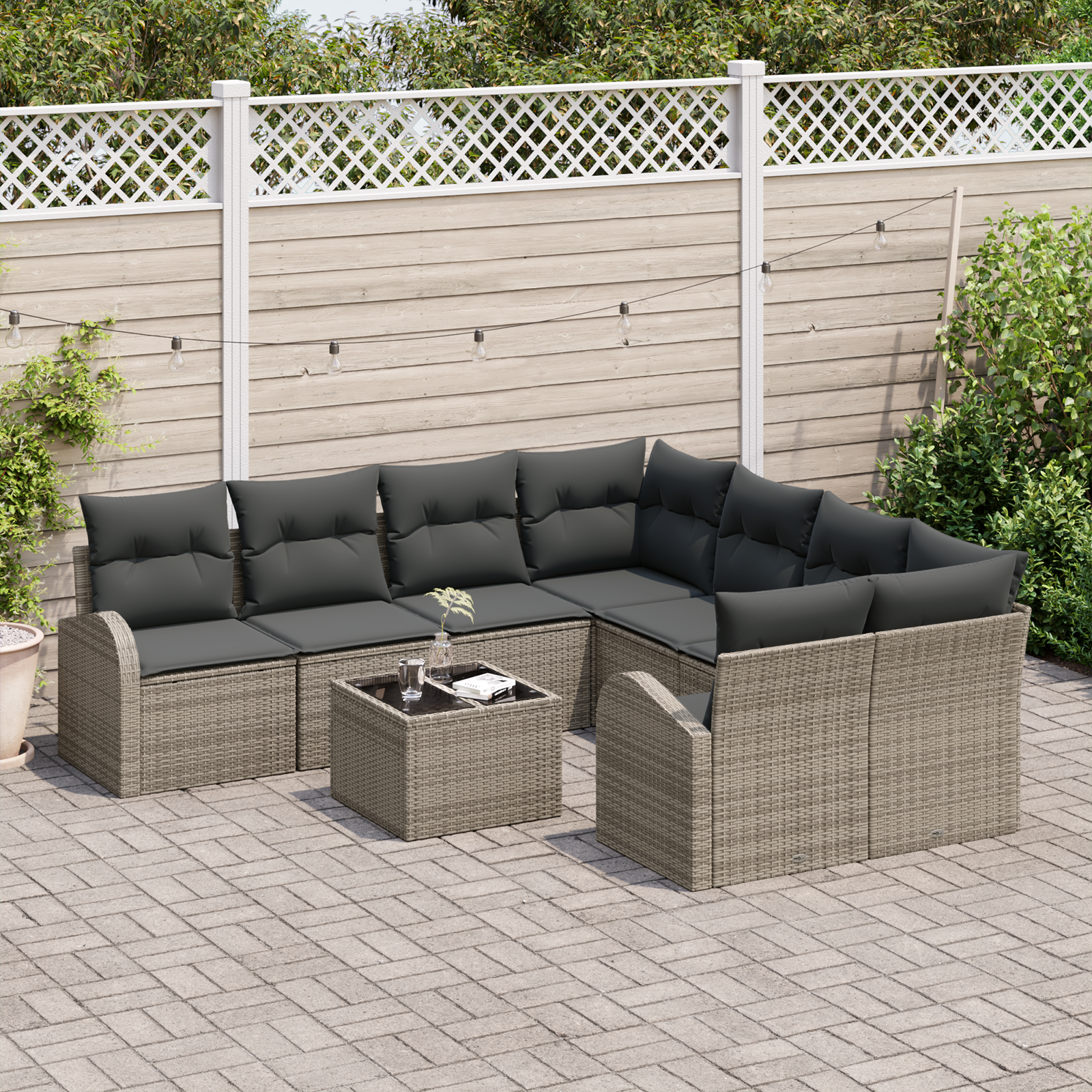 vidaXL 9-delige Tuinbankenset met kussens poly rattan grijs