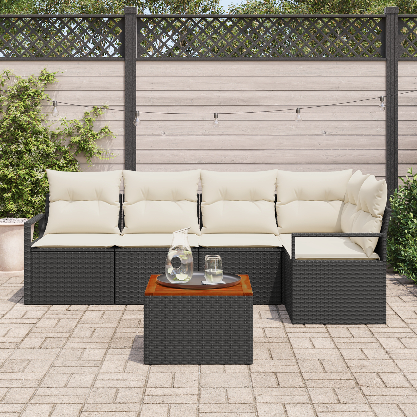 vidaXL 6-delige tuinsofaset met kussens in zwart poly rattan en acacia