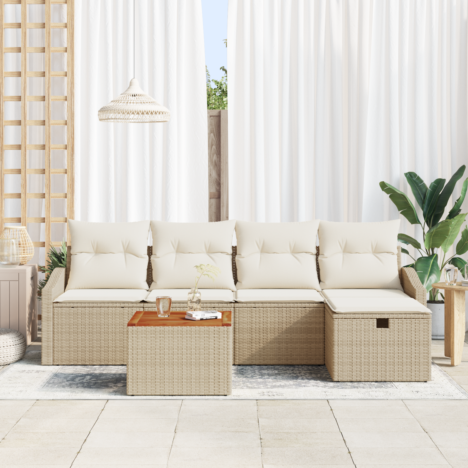 vidaXL 6-delige Tuinbankenset met kussens poly rattan beige