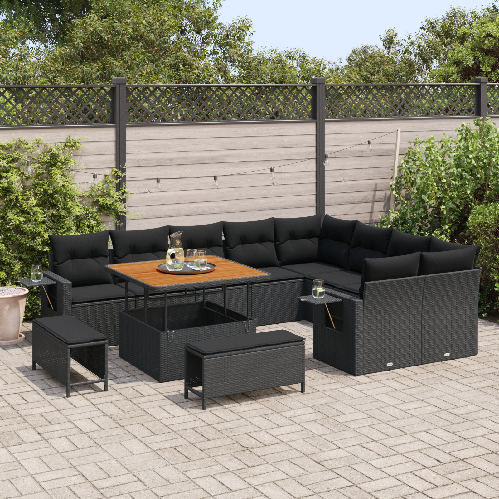 vidaXL 12-delige tuinset met kussens - zwart poly rattan en acacia