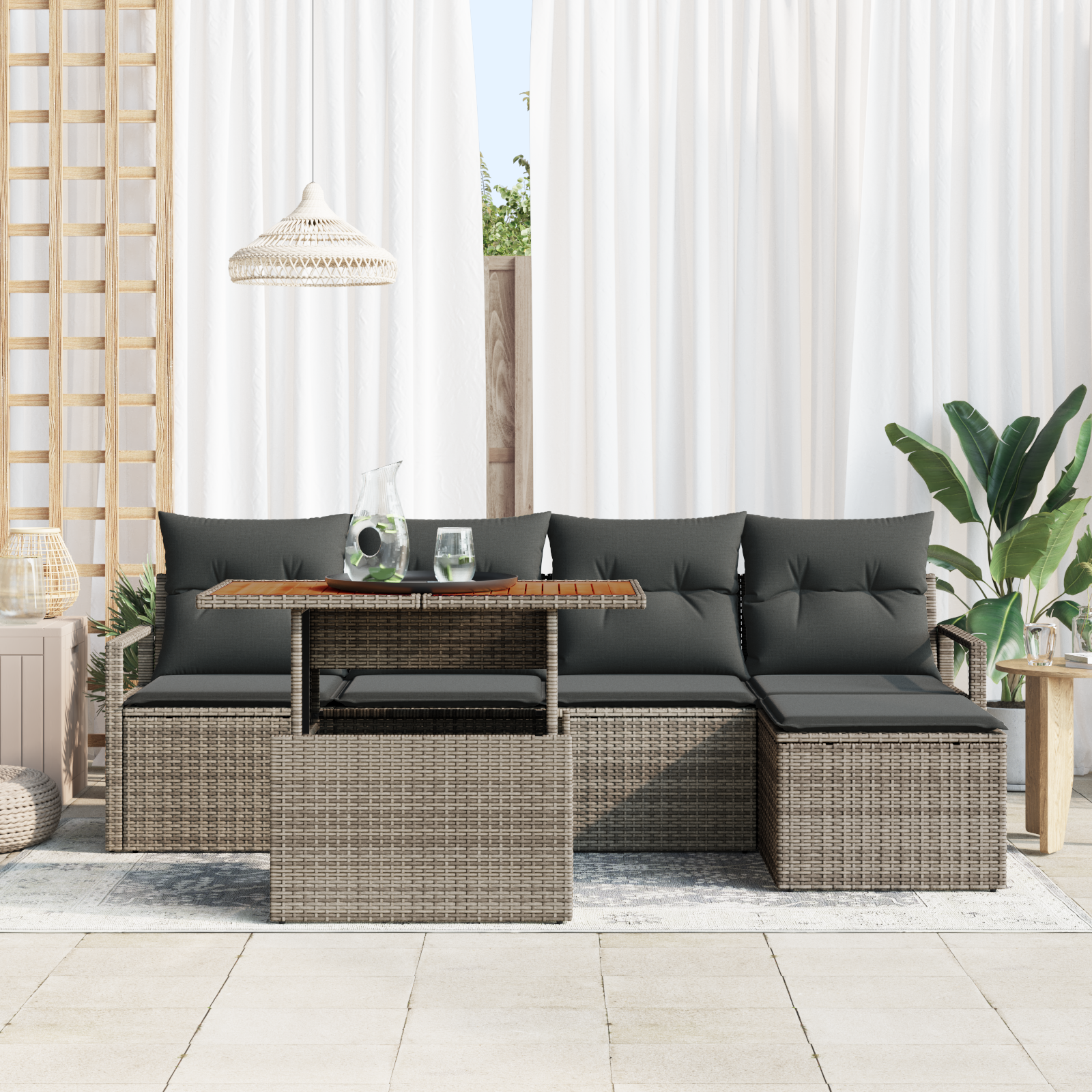 vidaXL 6-delige Tuinbankenset met kussens poly rattan acacia grijs