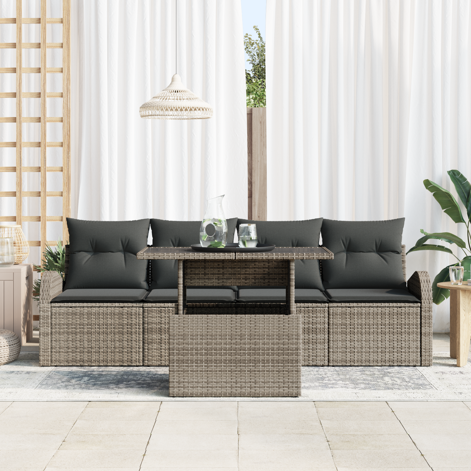 vidaXL 5-delige tuinset met kussens in grijs poly rattan
