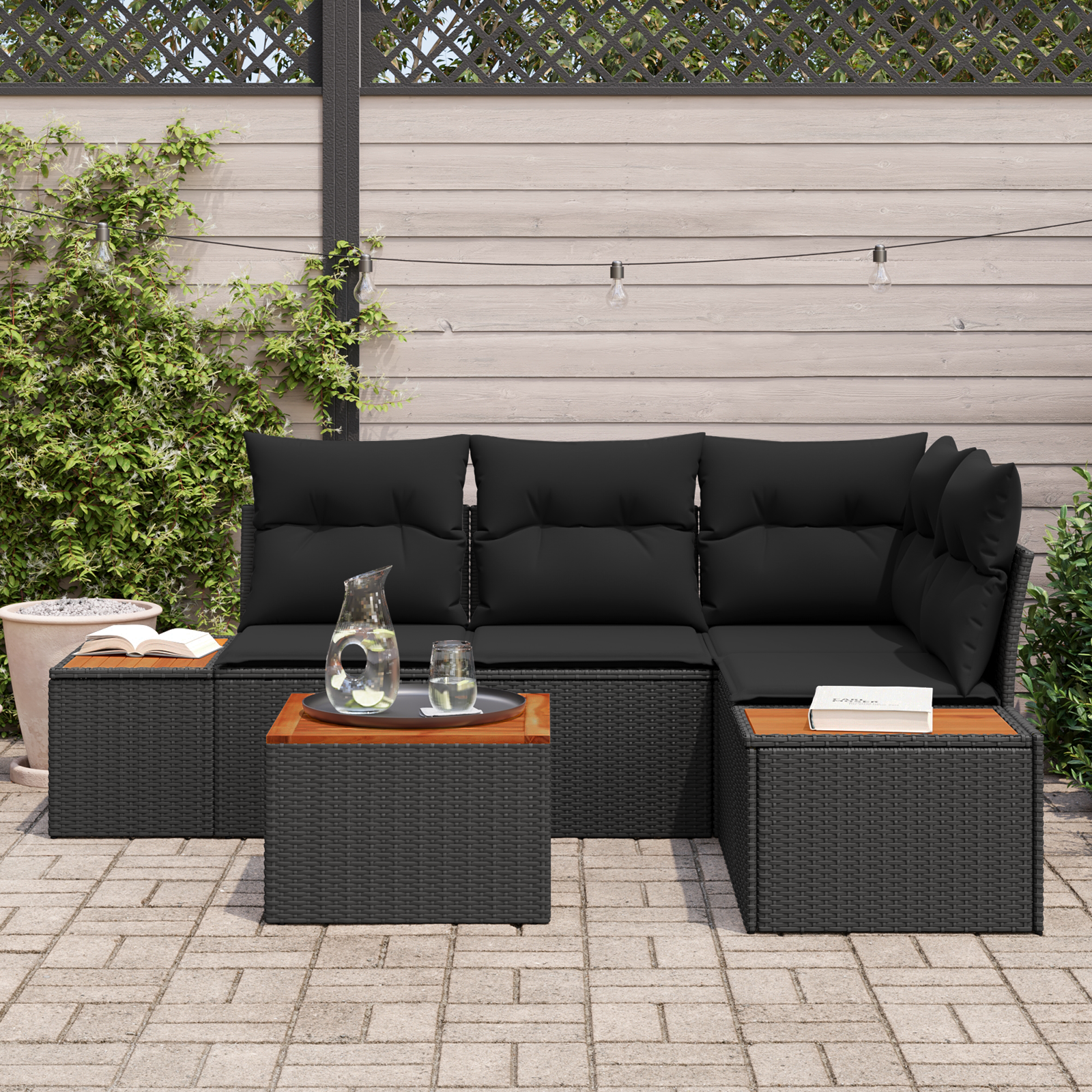 vidaXL 5-delige tuinset met kussens zwart poly rattan acacia