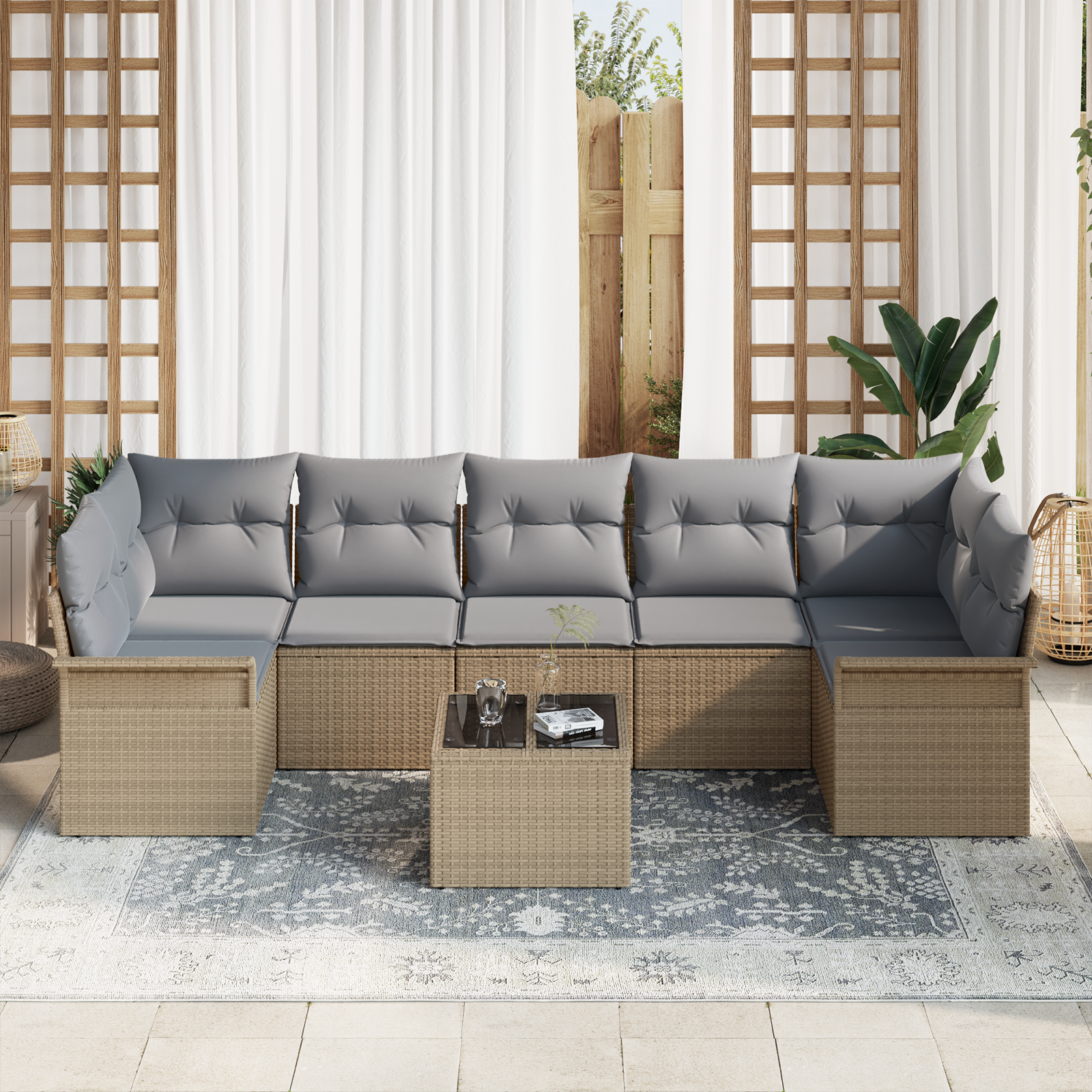 vidaXL 8-delige Tuinbankenset met kussens poly rattan beige