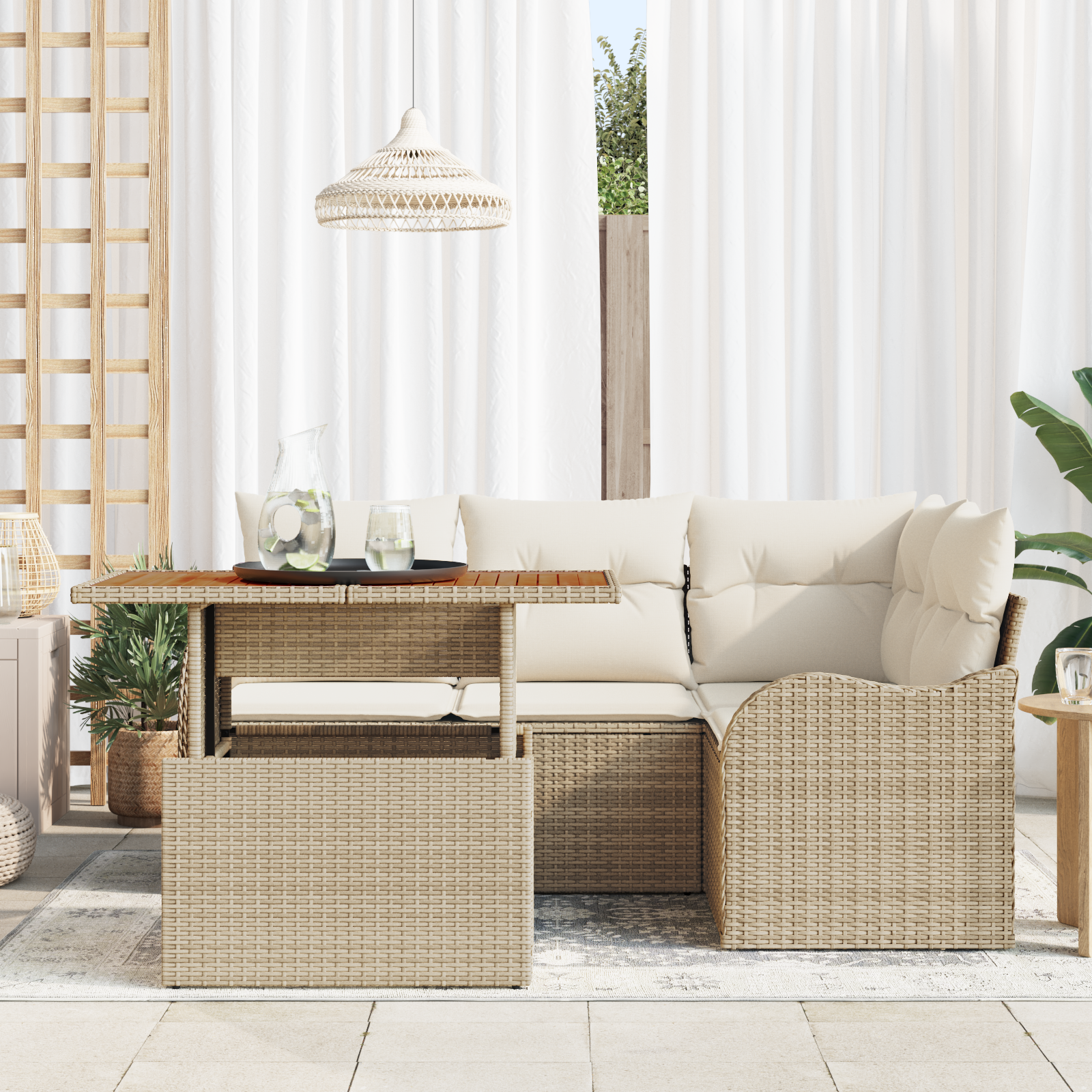 vidaXL 5-delige tuinsofa set met kussens in beige poly rattan en acacia