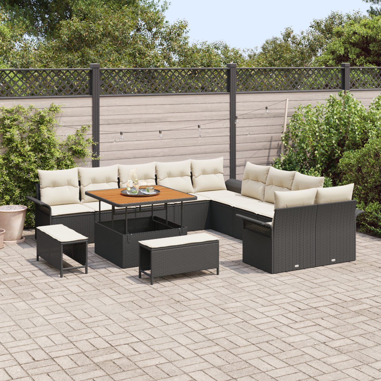 vidaXL 13-delige Tuinbankenset met kussens poly rattan acacia zwart