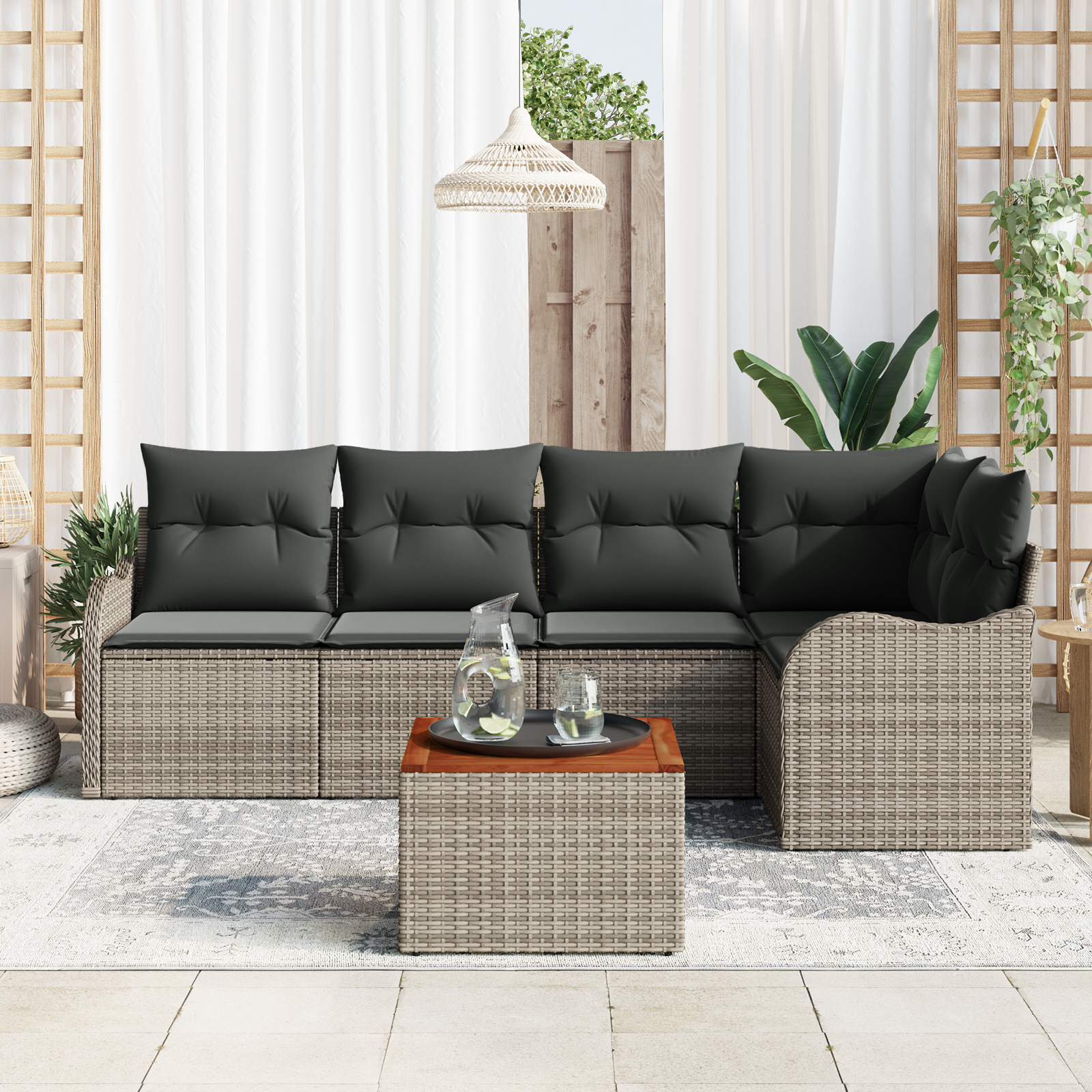 vidaXL 6-delige Tuinbankenset met kussens poly rattan acacia grijs