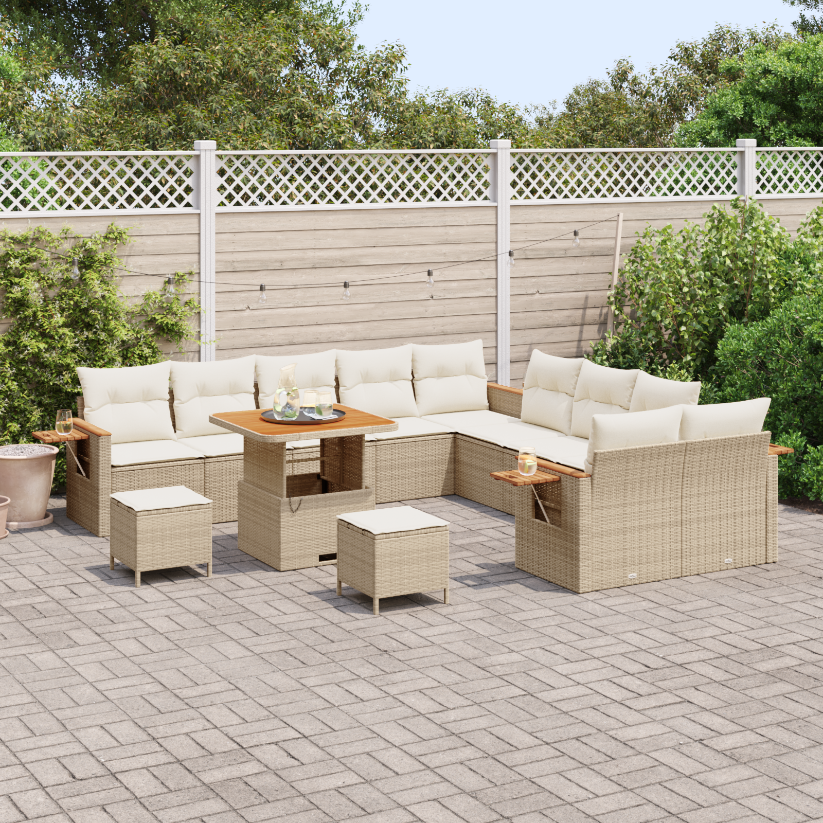 vidaXL 13-delige Tuinbankenset met kussens poly rattan acacia beige