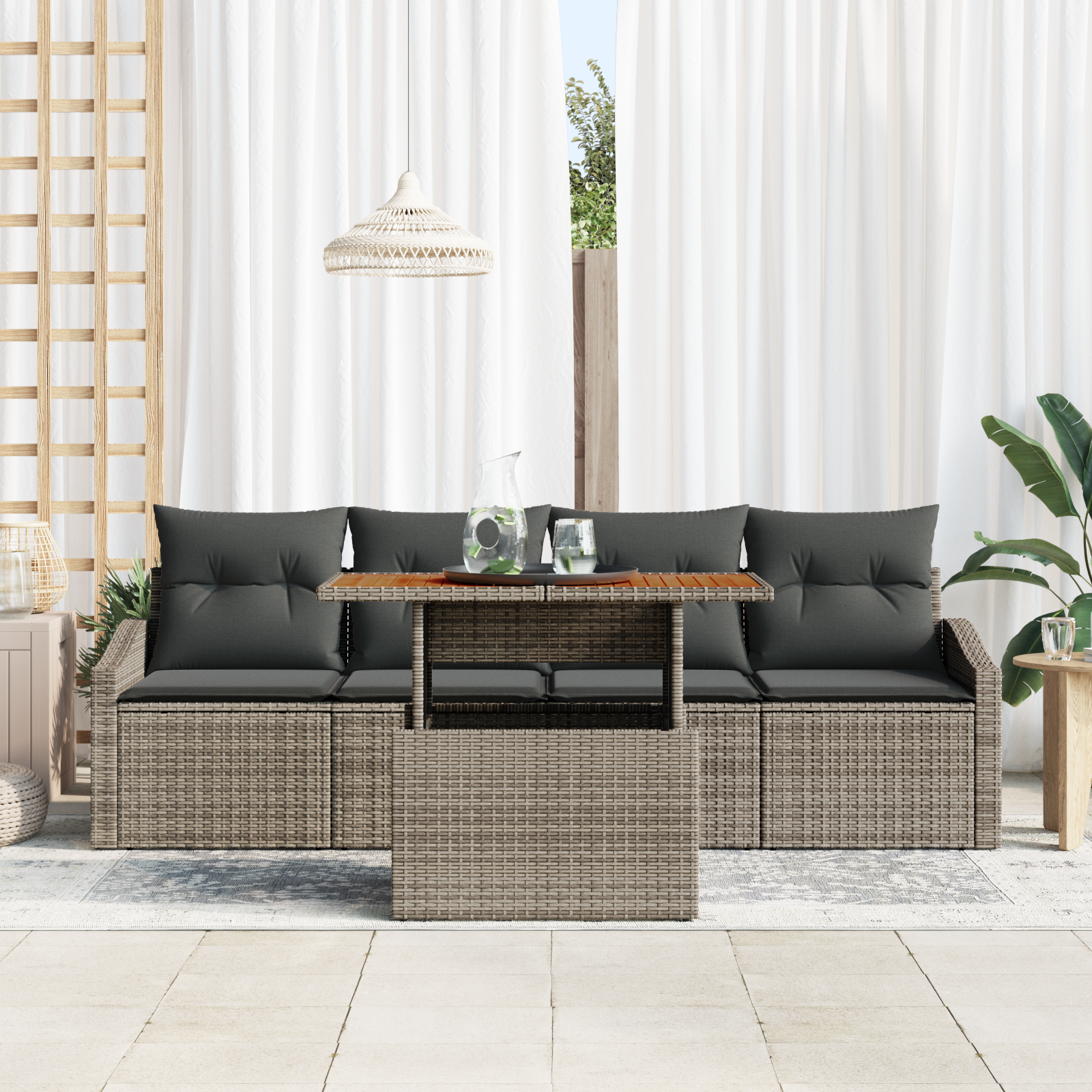 vidaXL 5-delige tuinset met kussens - Grijs Poly Rattan