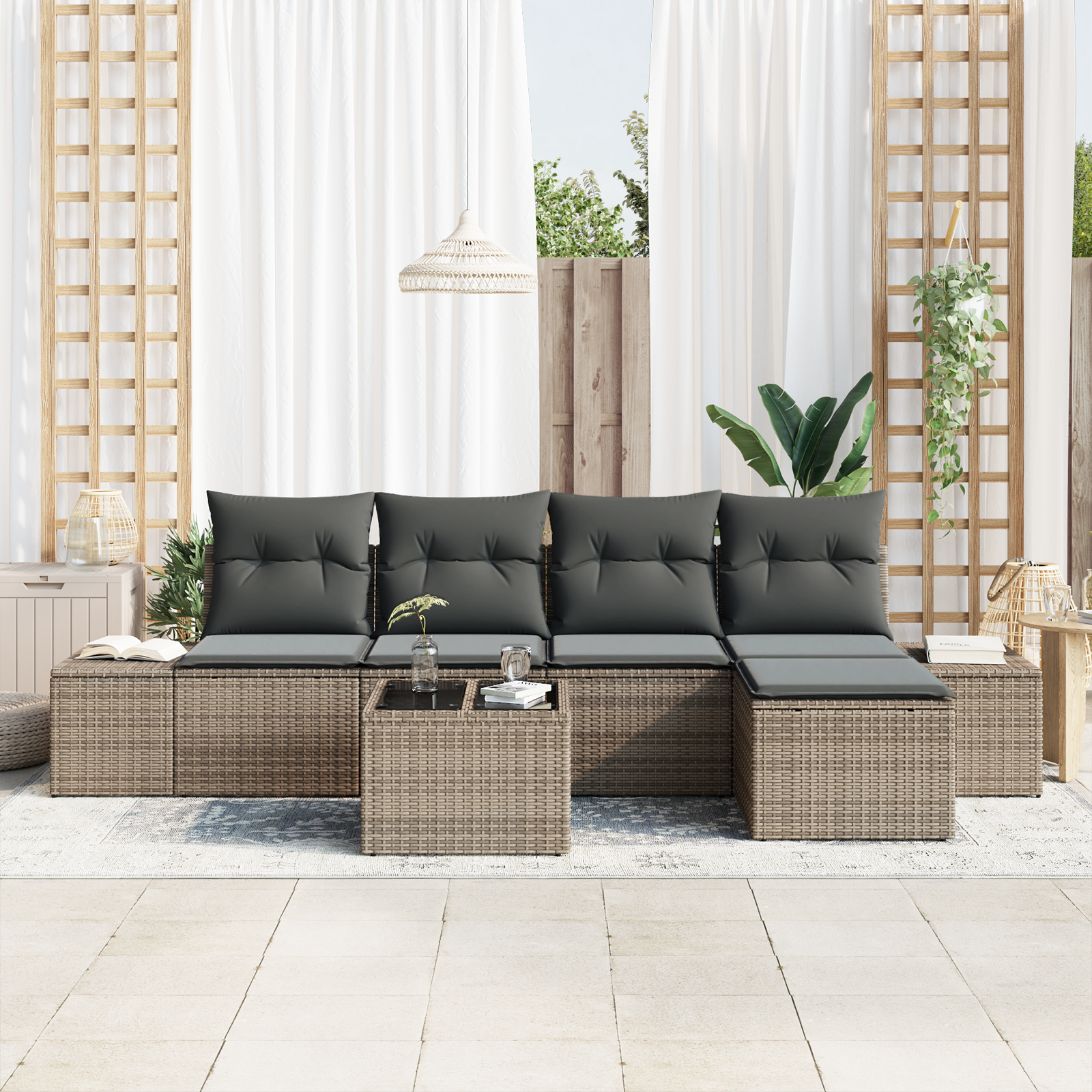vidaXL 5-delige Tuinbankenset met kussens poly rattan zwart
