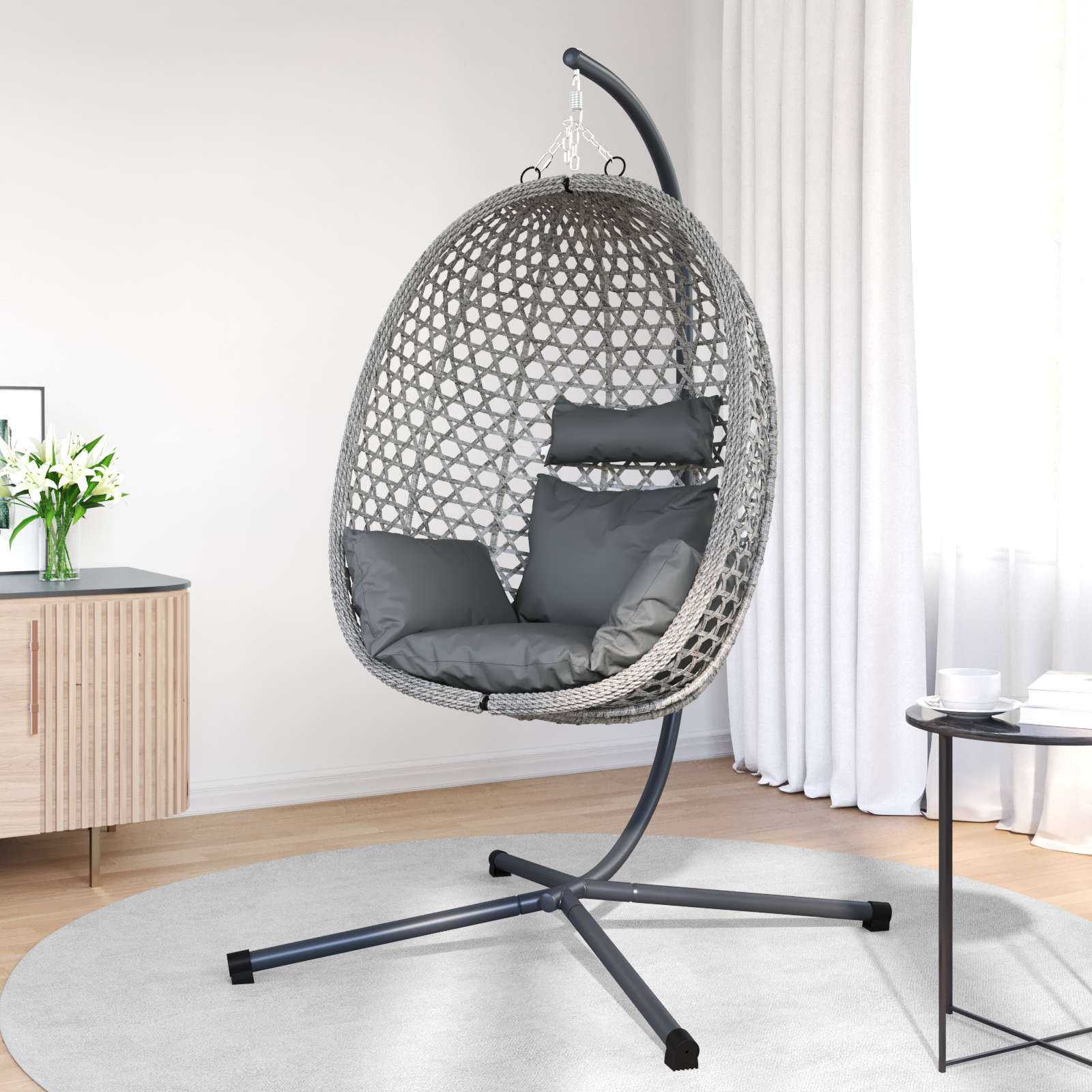 vidaXL Hangende Eierenstoel Mand met Standaard Grijs Poly Rattan