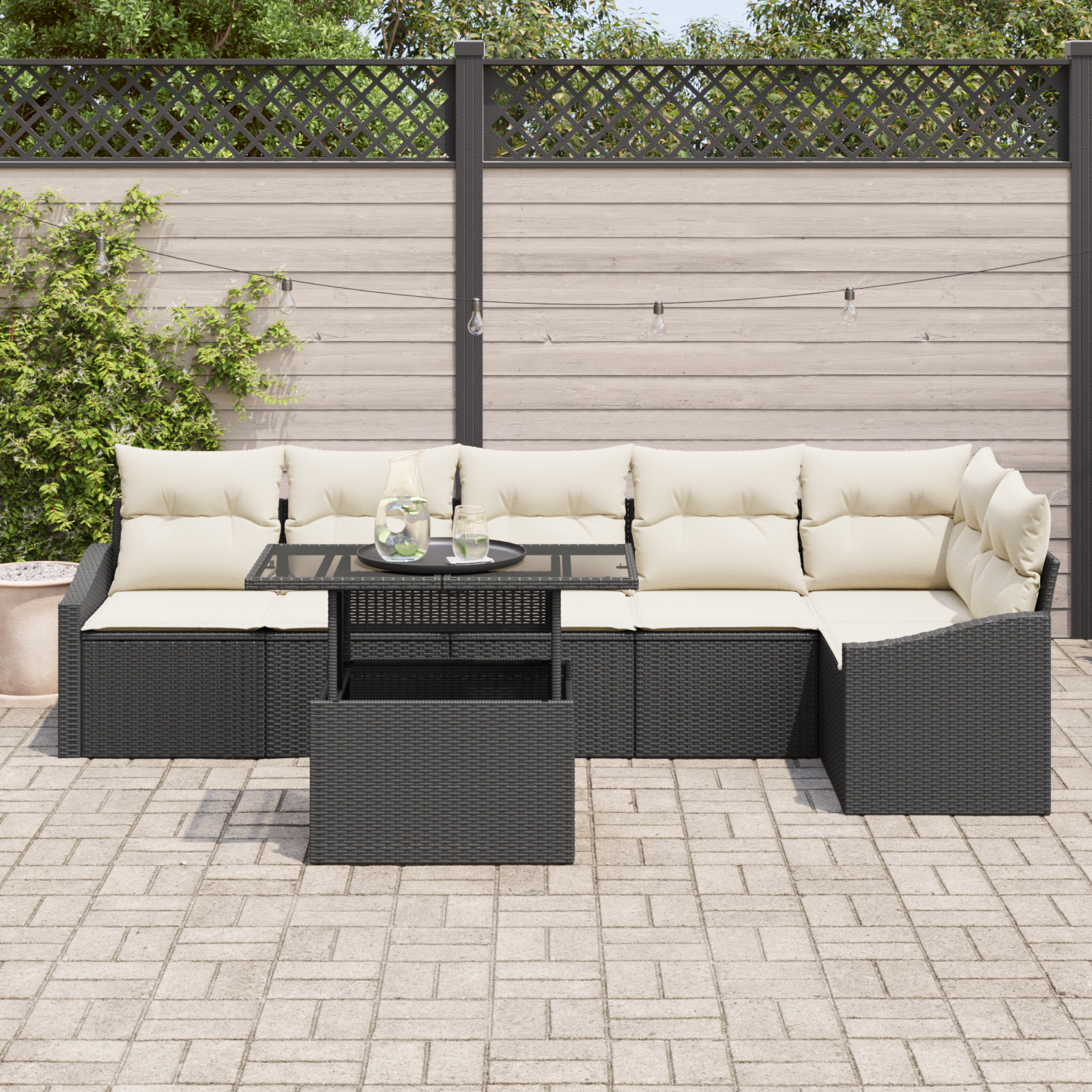 vidaXL 7-delige Tuinbankenset met kussens poly rattan zwart