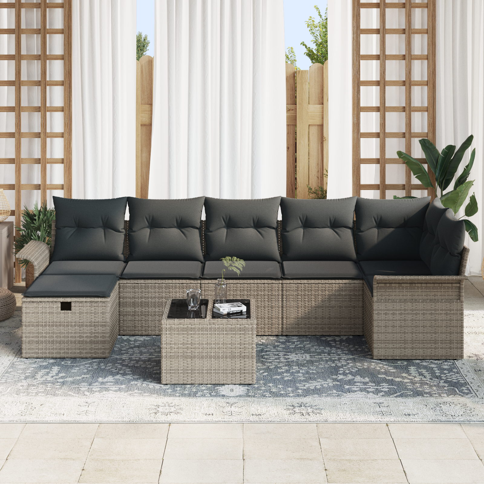 vidaXL 8-delige Tuinbankenset met kussens poly rattan grijs