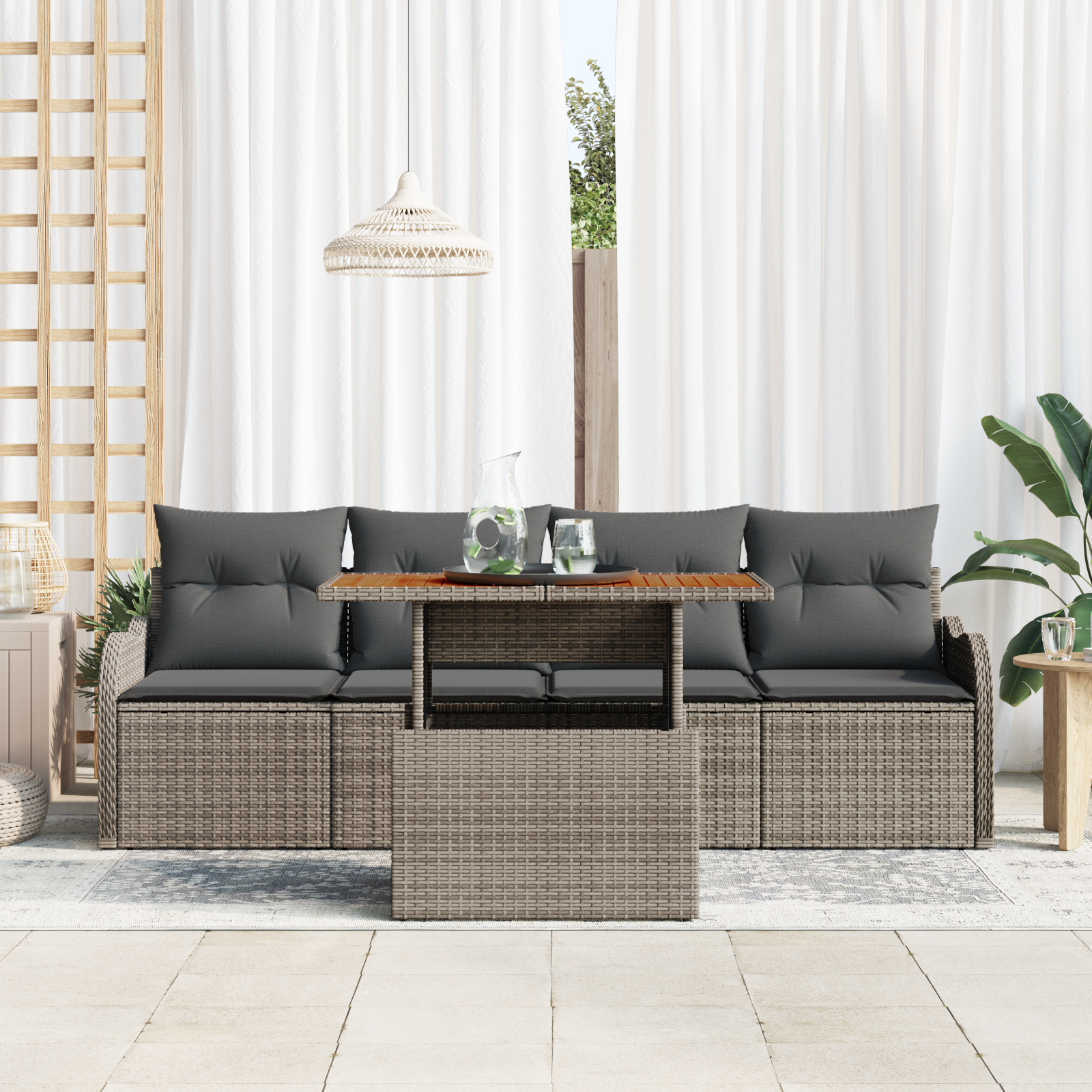vidaXL 5-delige Tuinbankenset met kussens poly rattan grijs