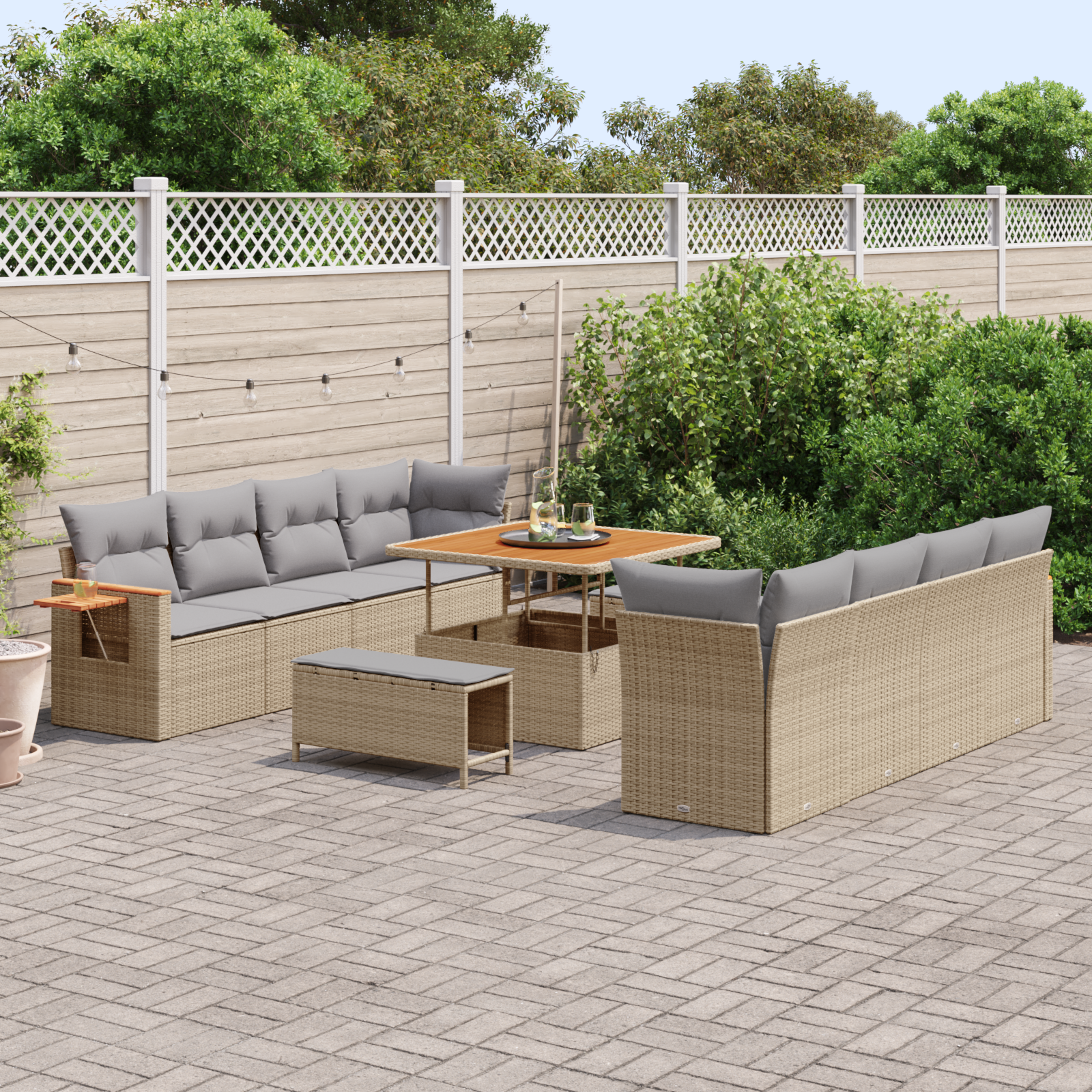 vidaXL 11-delige Tuinbankenset met kussens poly rattan acacia beige