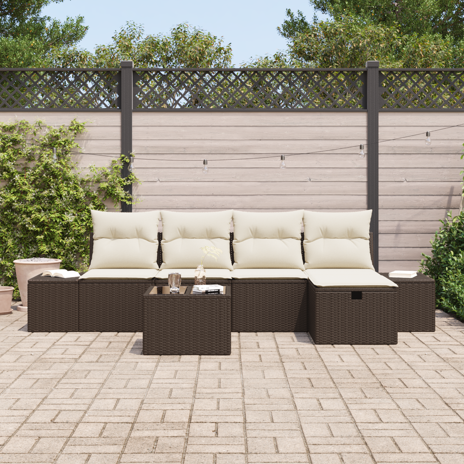 vidaXL 6-delige tuinbankset met kussens bruin poly rattan