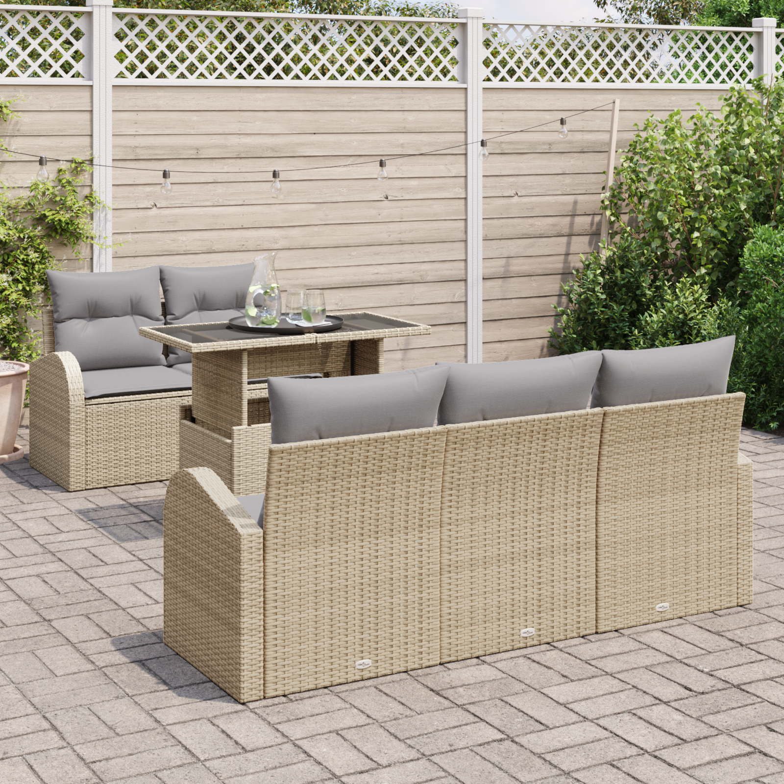 vidaXL 6-delige tuinset met kussens in beige poly rattan