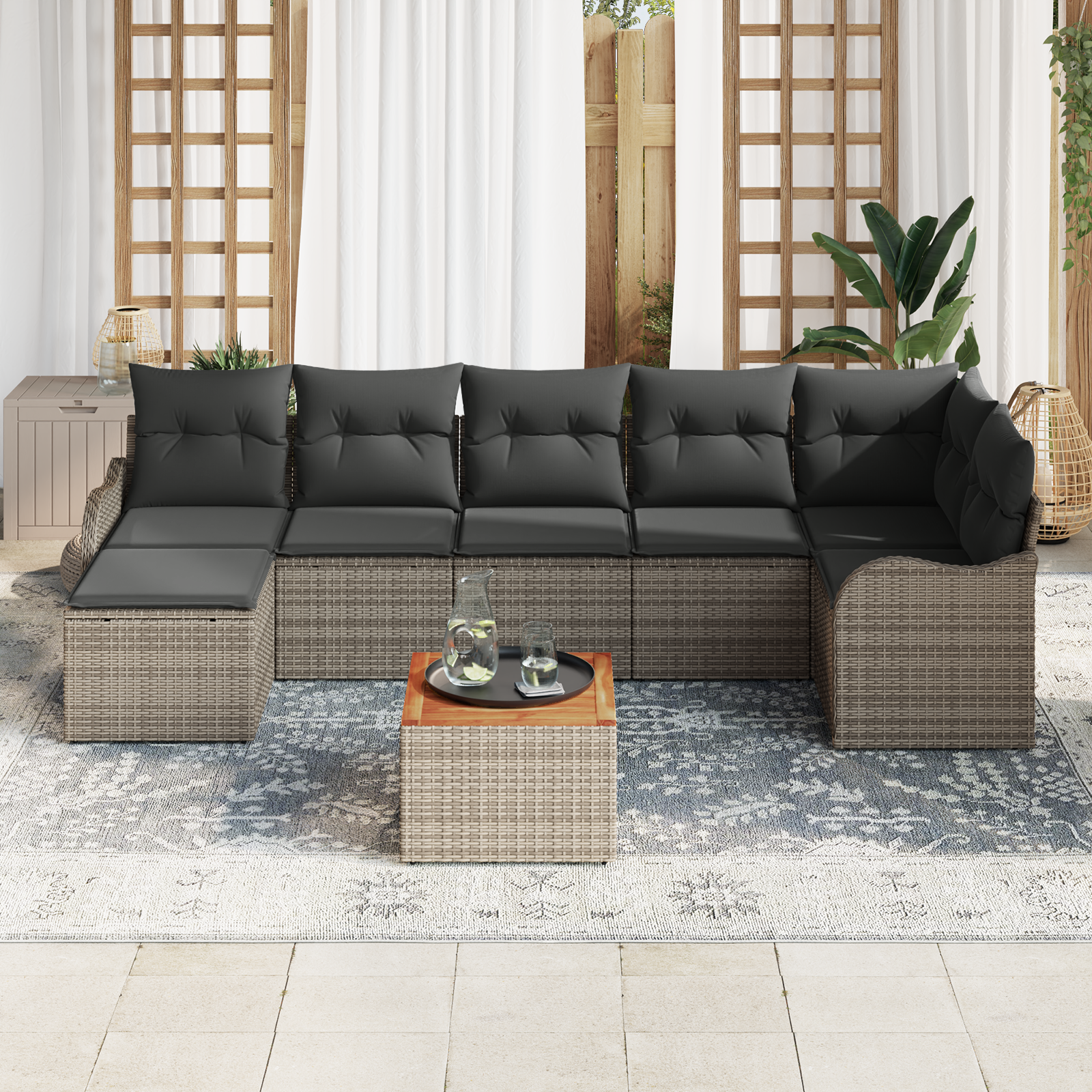 vidaXL 8-delige tuinbankset met kussens - grijs poly rattan en acacia