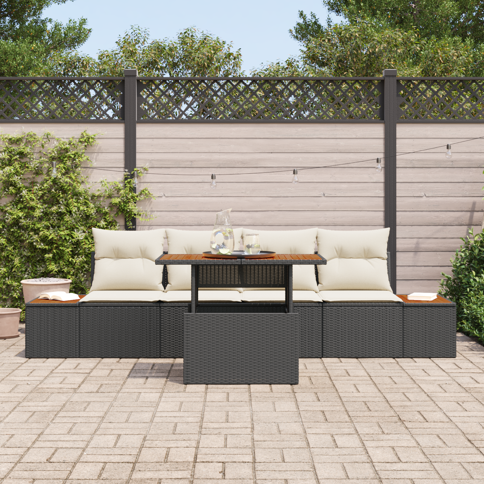 vidaXL 5-delige Tuinset met kussens poly rattan acaciahout zwart