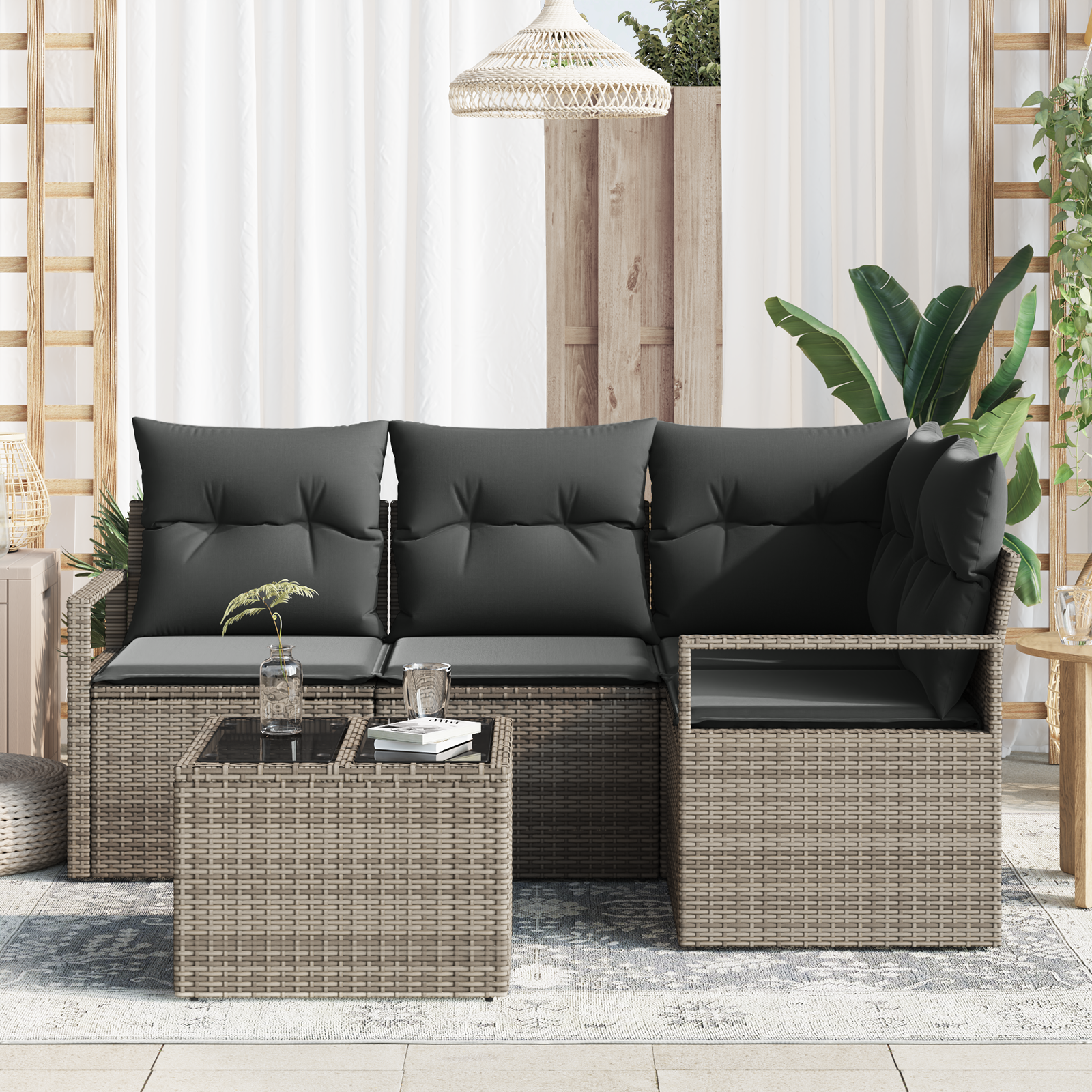 vidaXL 4-delige Tuinbankenset met kussens poly rattan zwart