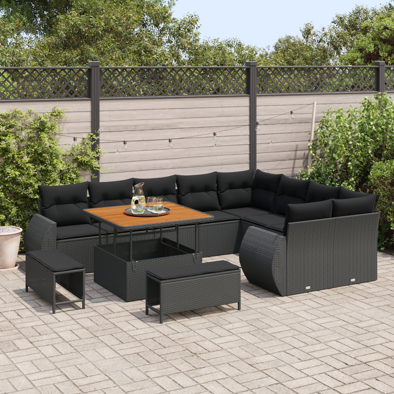 vidaXL 12-delige tuinbankset met kussens zwart poly rattan acacia