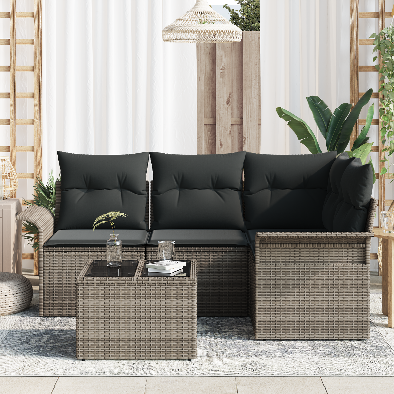 vidaXL 4-delige tuinset met kussens zwart poly rattan