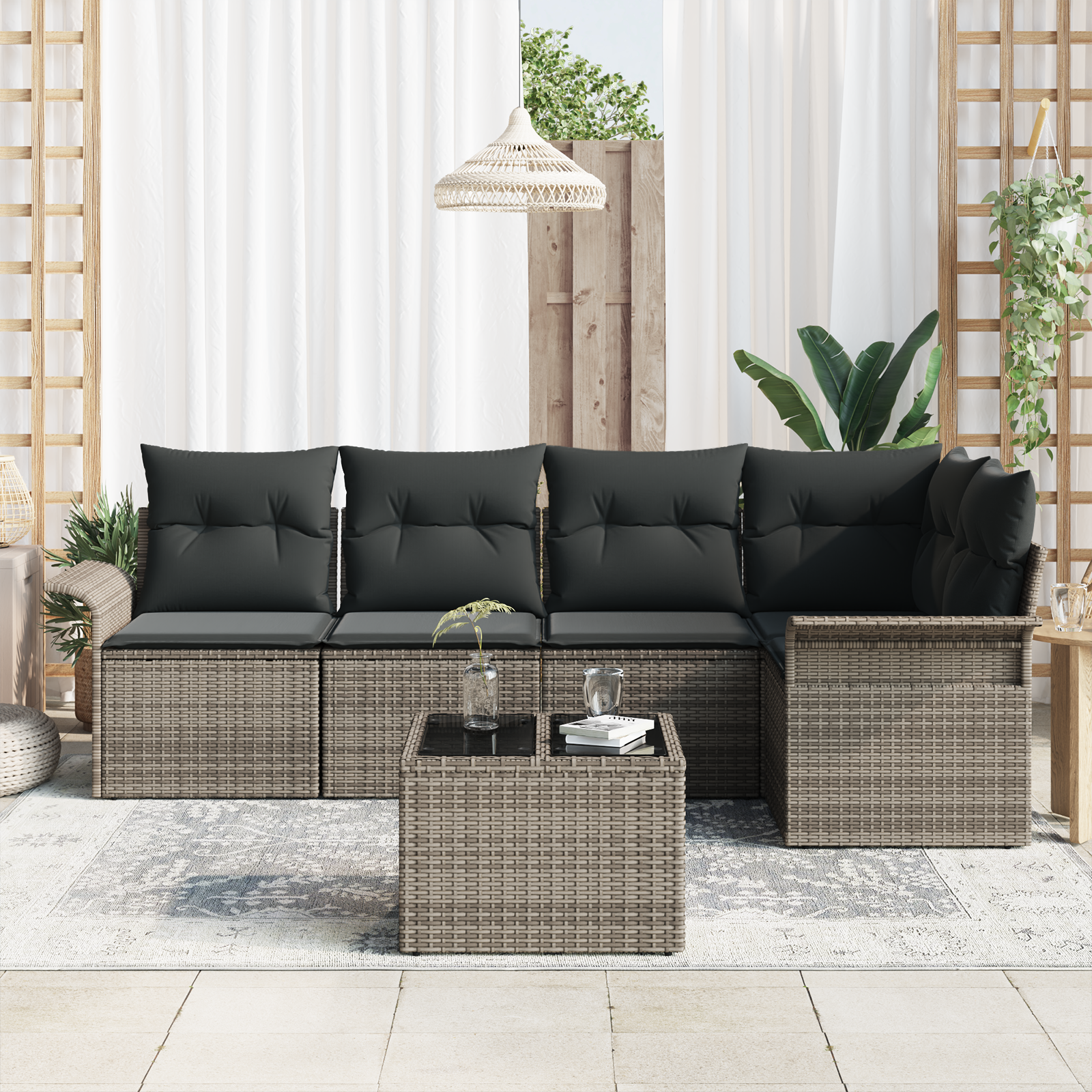 vidaXL 5-delige tuinset met kussens zwart poly rattan