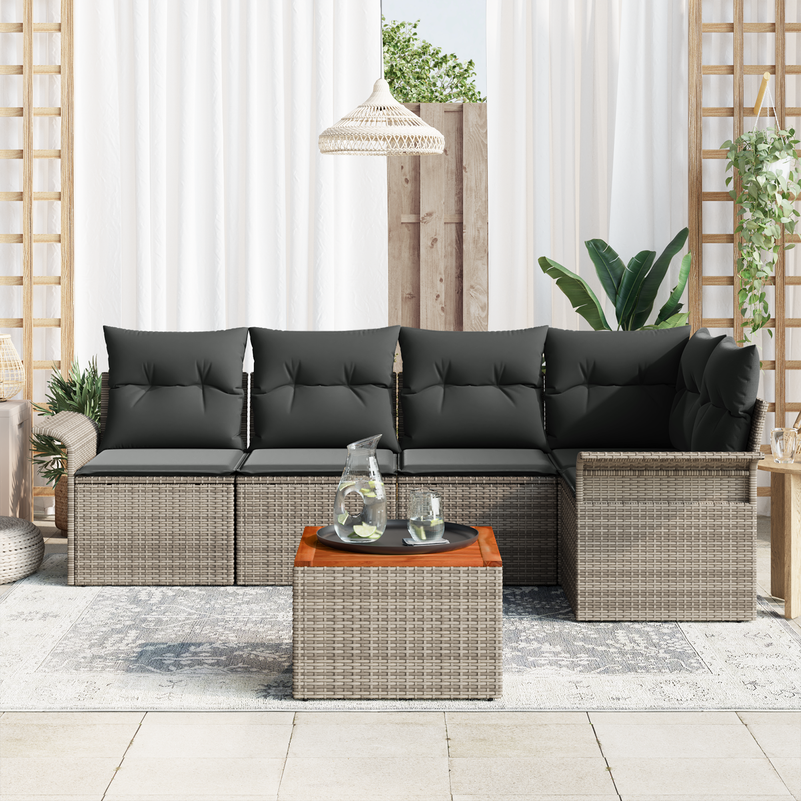 vidaXL 6-delige Tuinbankenset met kussens poly rattan acaciahout grijs