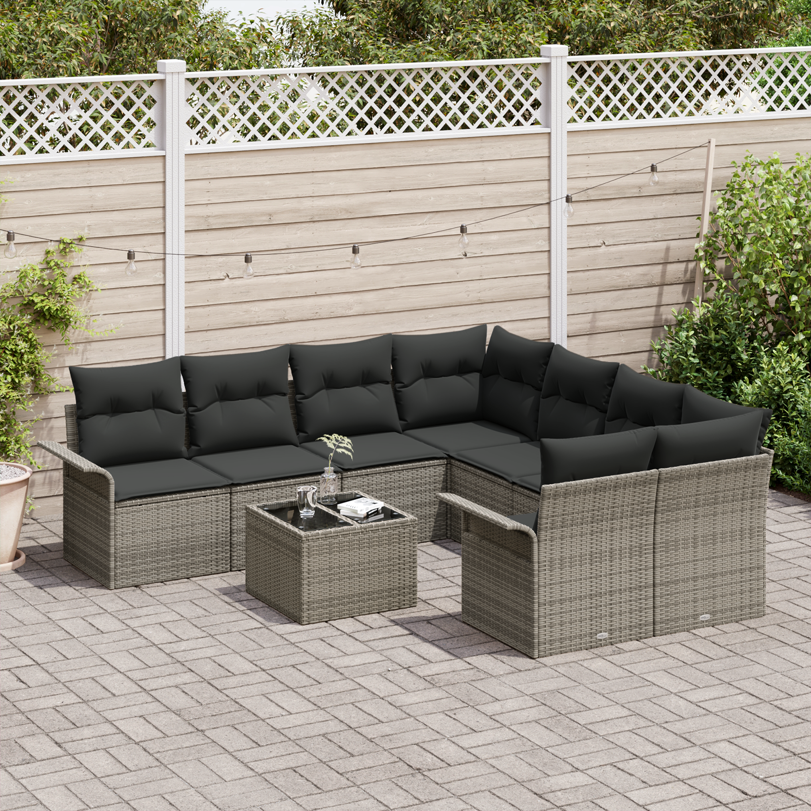 vidaXL 9-delige Tuinbankenset met kussens poly rattan grijs