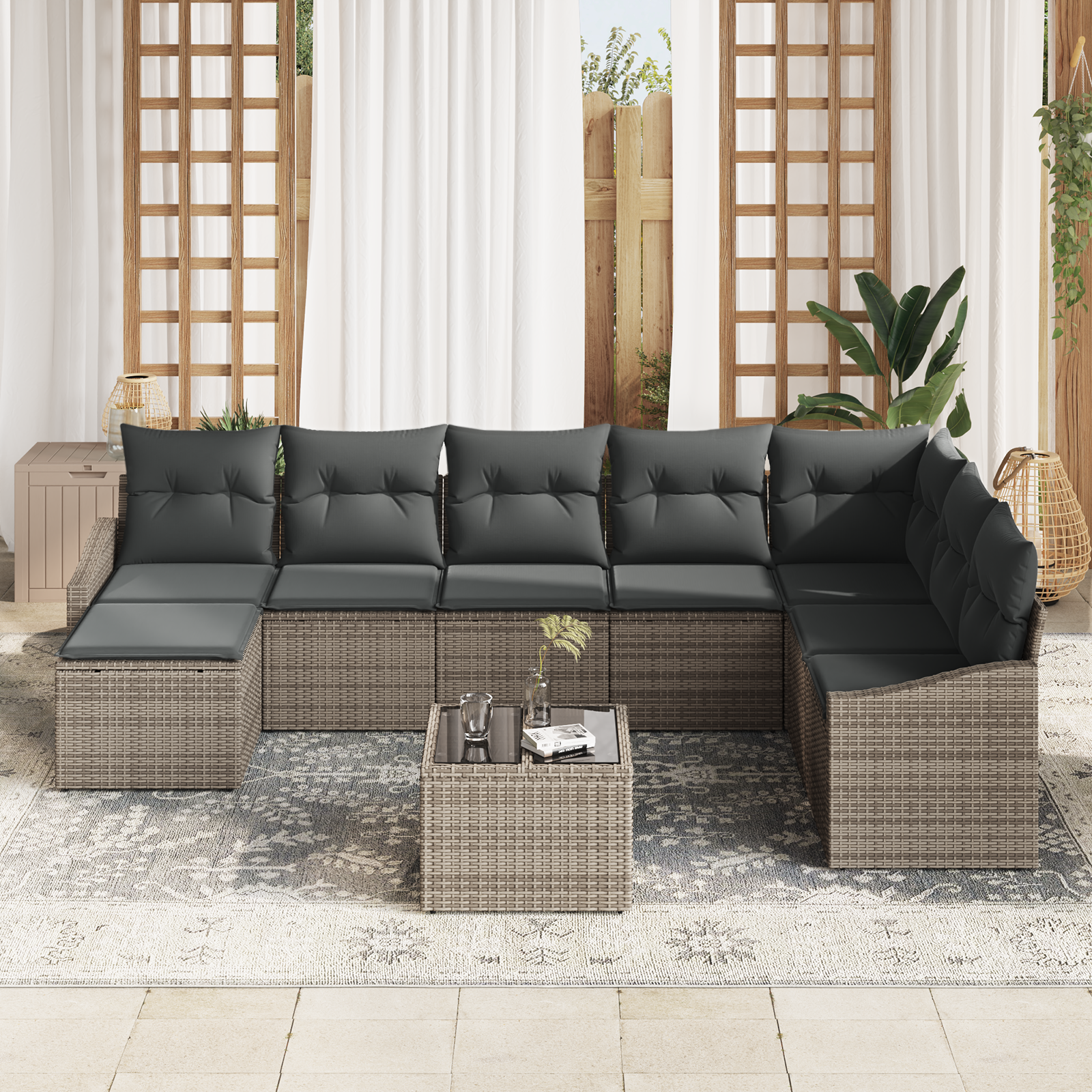 vidaXL 8-delige Tuinbankenset met kussens poly rattan zwart