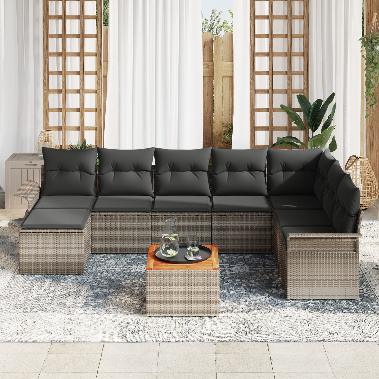 vidaXL 9-delige tuinbank set met kussens - grijs poly riet en acacia