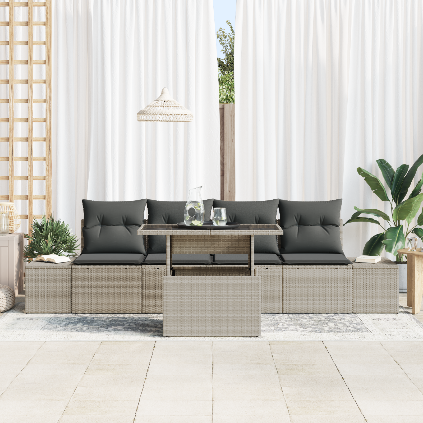 vidaXL 5-delige Tuinbankenset met kussens poly rattan lichtgrijs