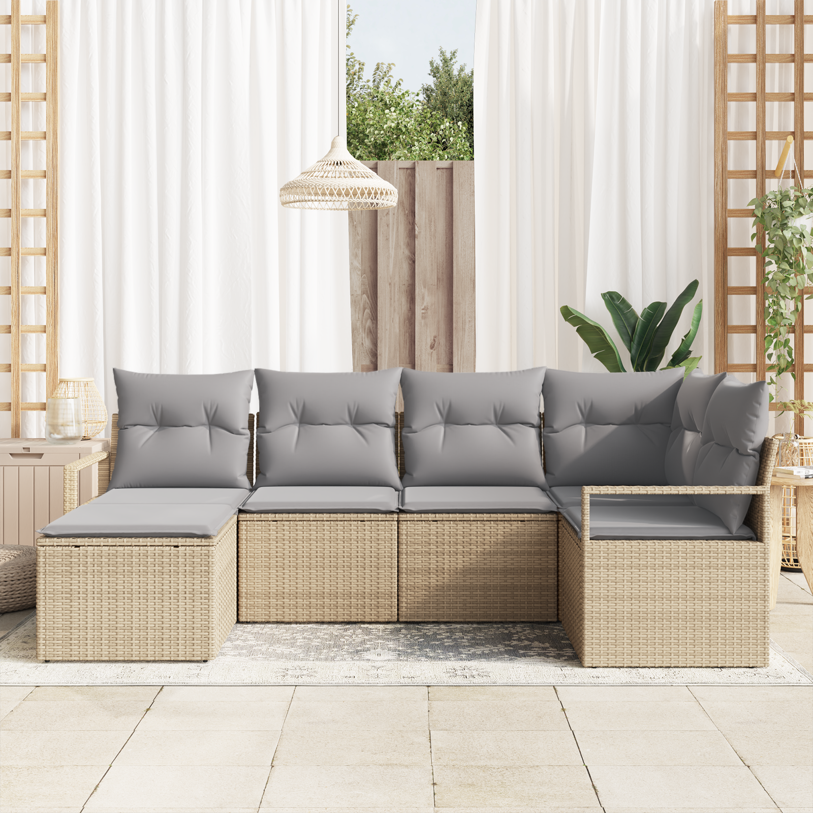 vidaXL 6-delige Tuinbankenset met kussens poly rattan beige