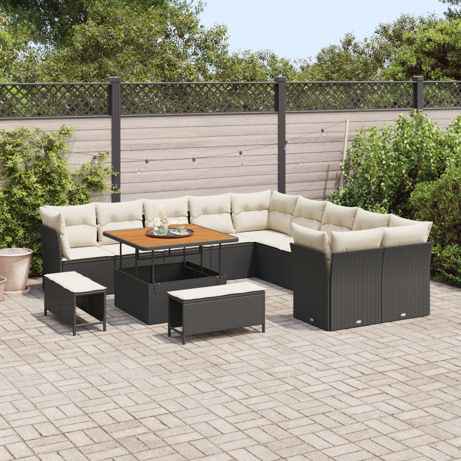 vidaXL 13-delige tuinset met kussens van zwart poly rattan en acacia