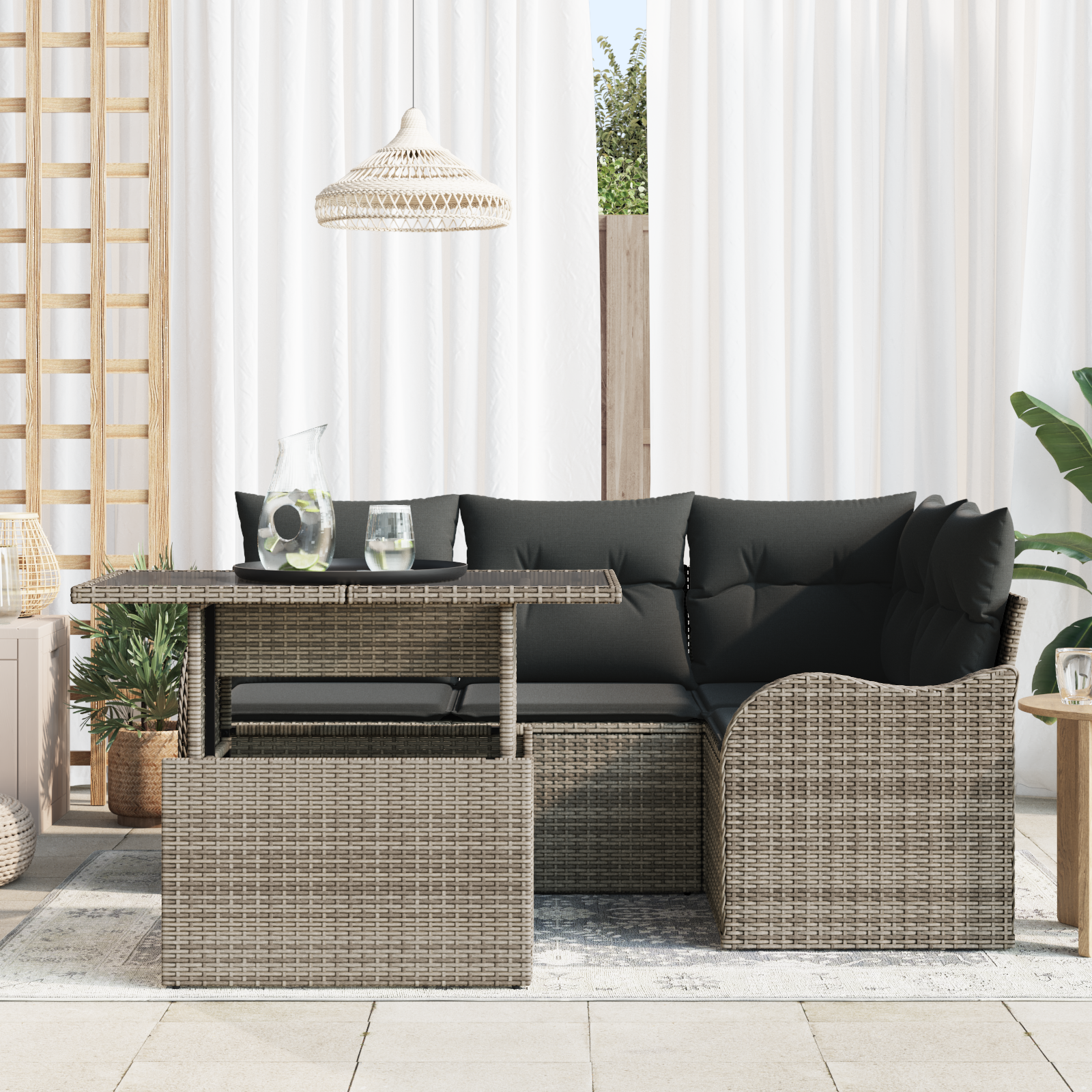 vidaXL 5-delige Tuinbankenset met kussens poly rattan grijs