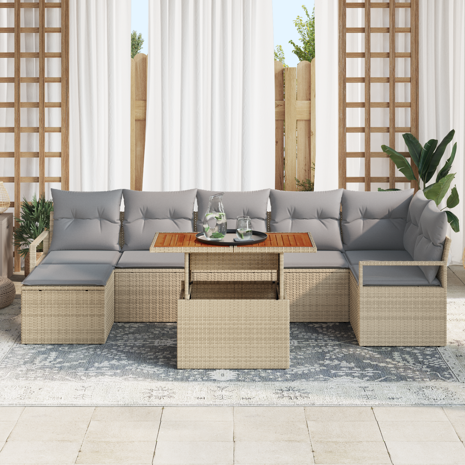 vidaXL 8-delige Tuinbankenset met kussens poly rattan acacia beige