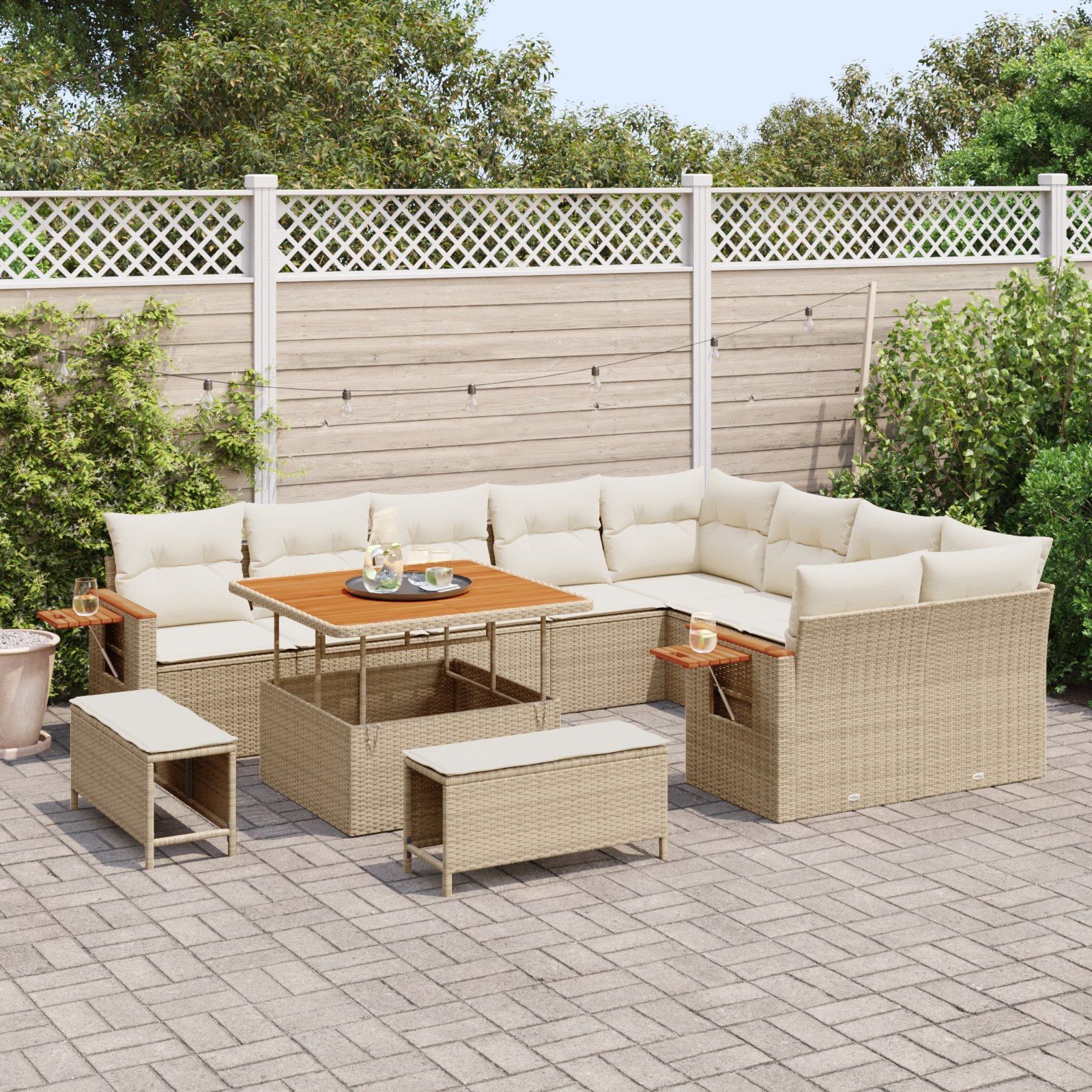 vidaXL 12-delige Tuinbankenset met kussens poly rattan acacia beige