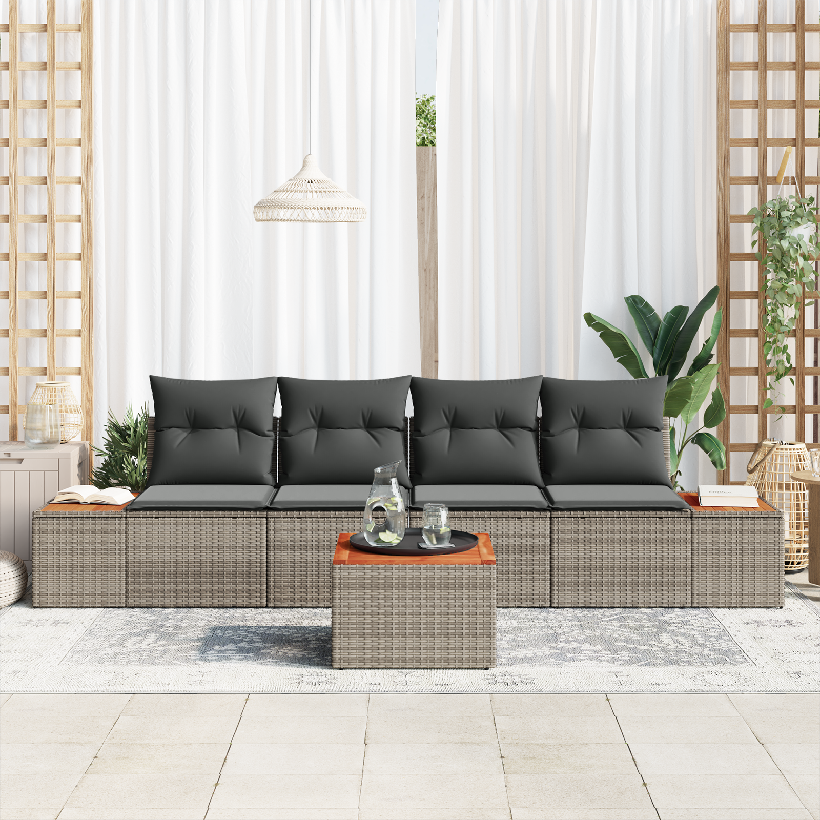 vidaXL 5-delige ligbed set met kussens grijs poly rattan acacia