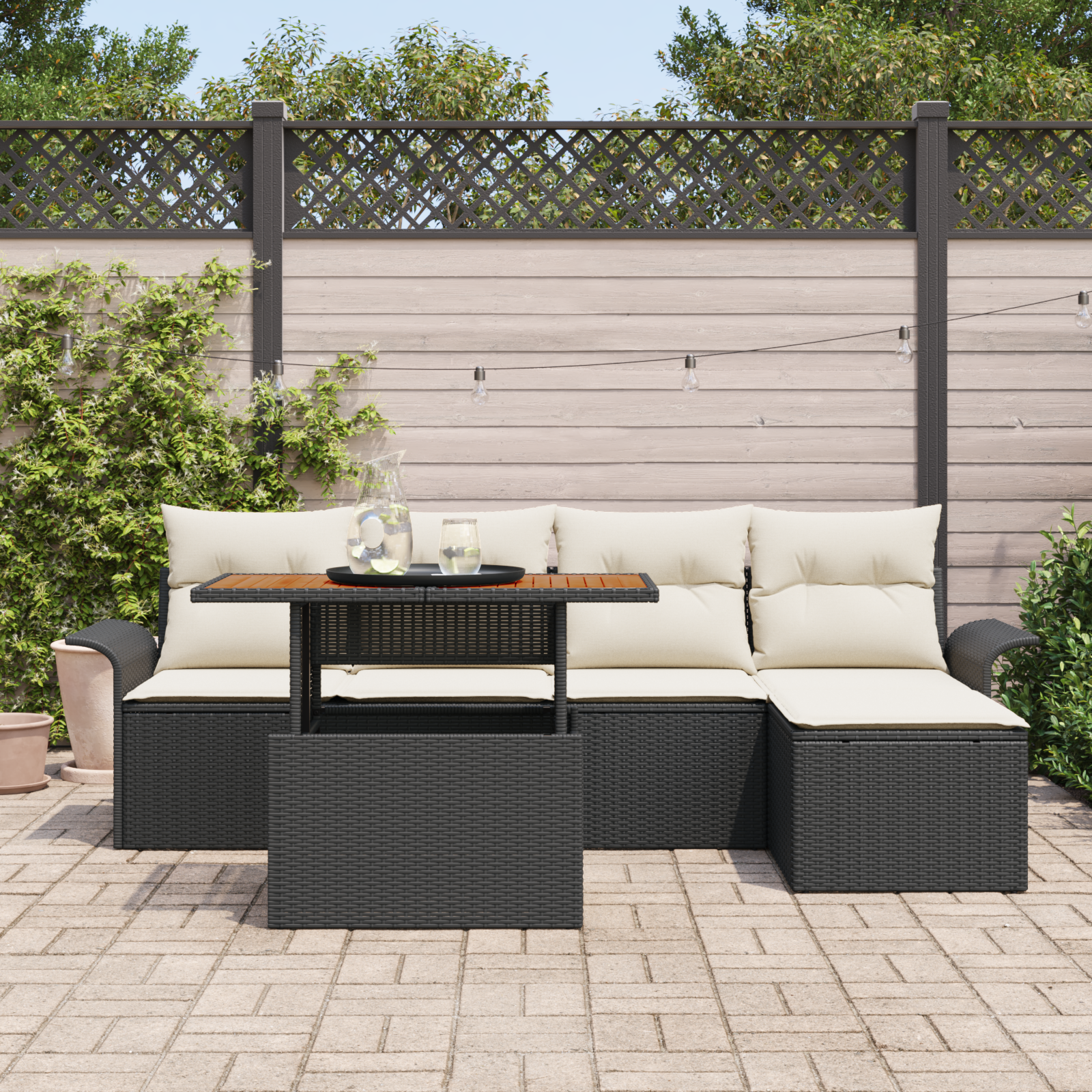 vidaXL 6-delige Tuinset met kussens poly rattan acaciahout zwart