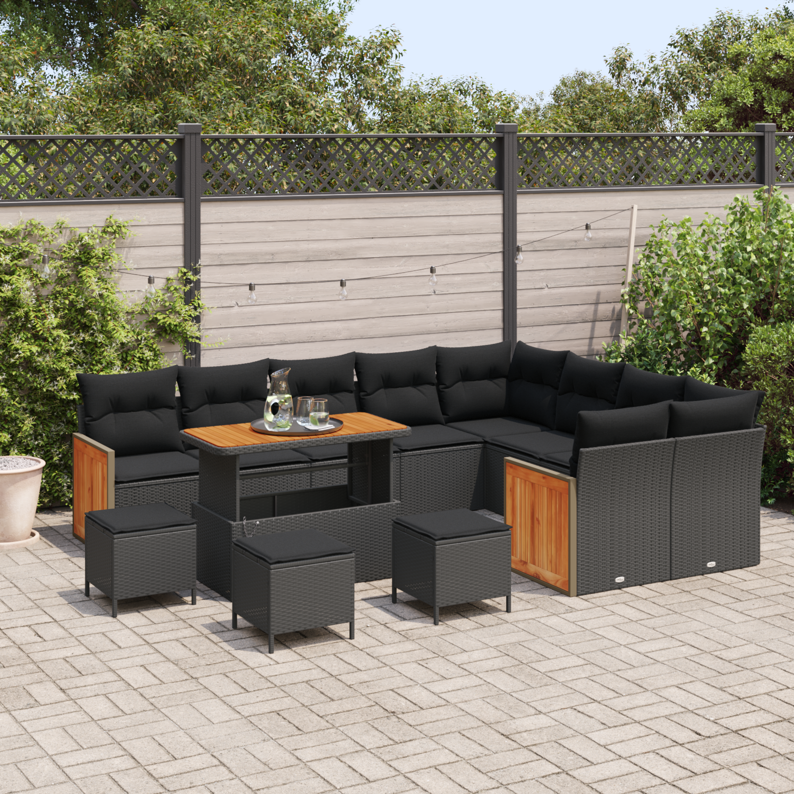 vidaXL 13-delig Tuinbank Set met Kussens Zwart Poly Rattan Acacia