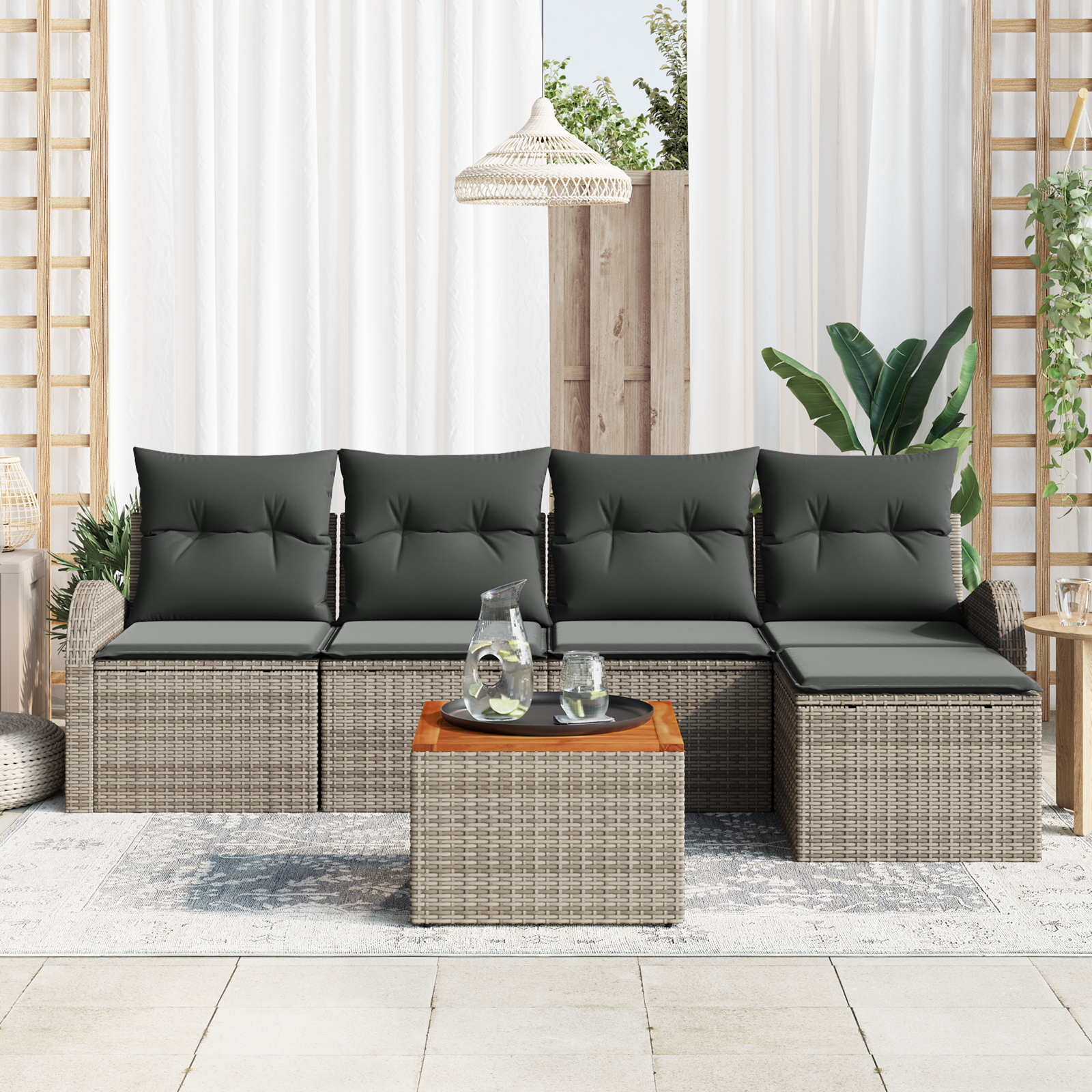 vidaXL 6-delige tuinset met kussens in grijs, poly rattan en acacia