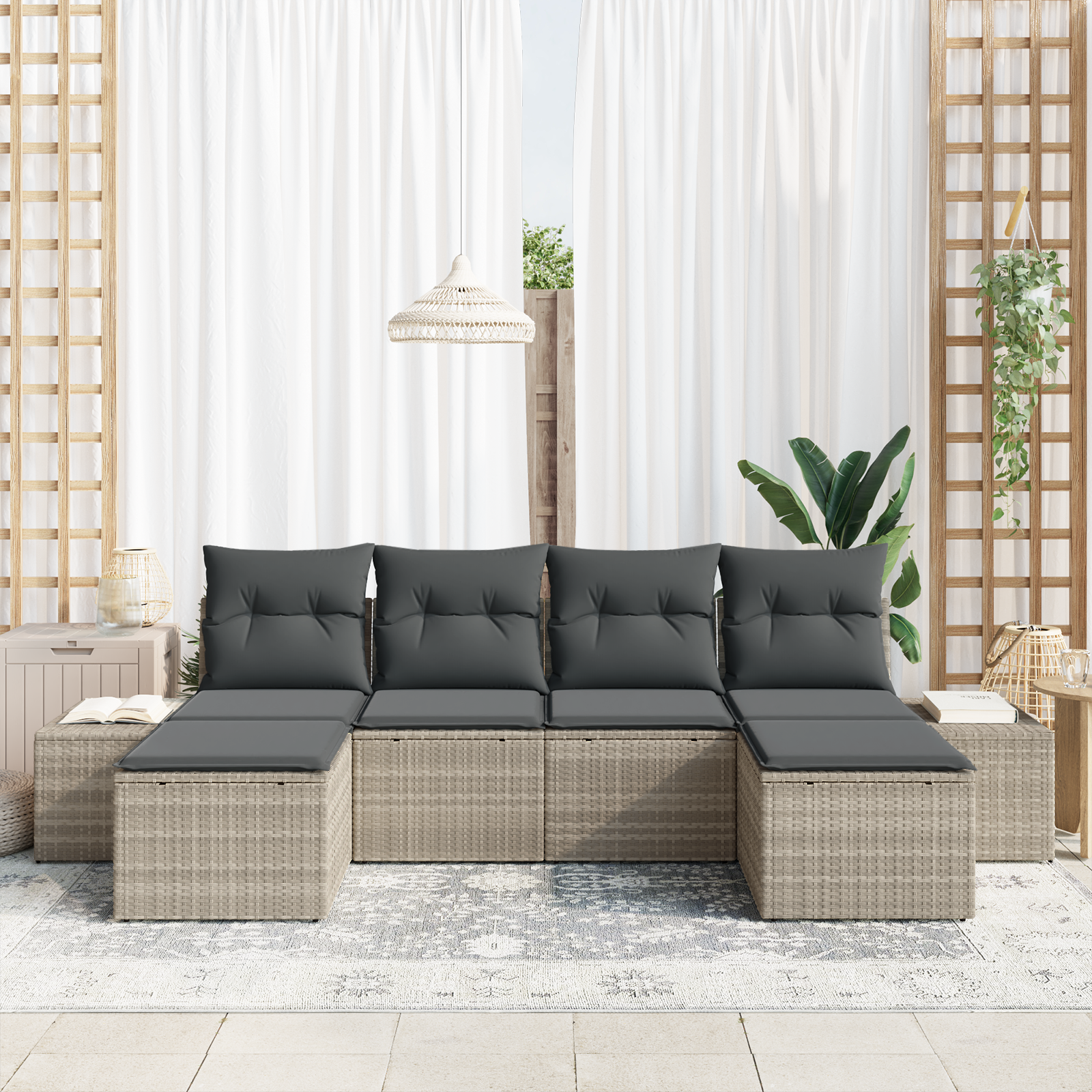 vidaXL 6-delige Tuinbankenset met kussens poly rattan lichtgrijs