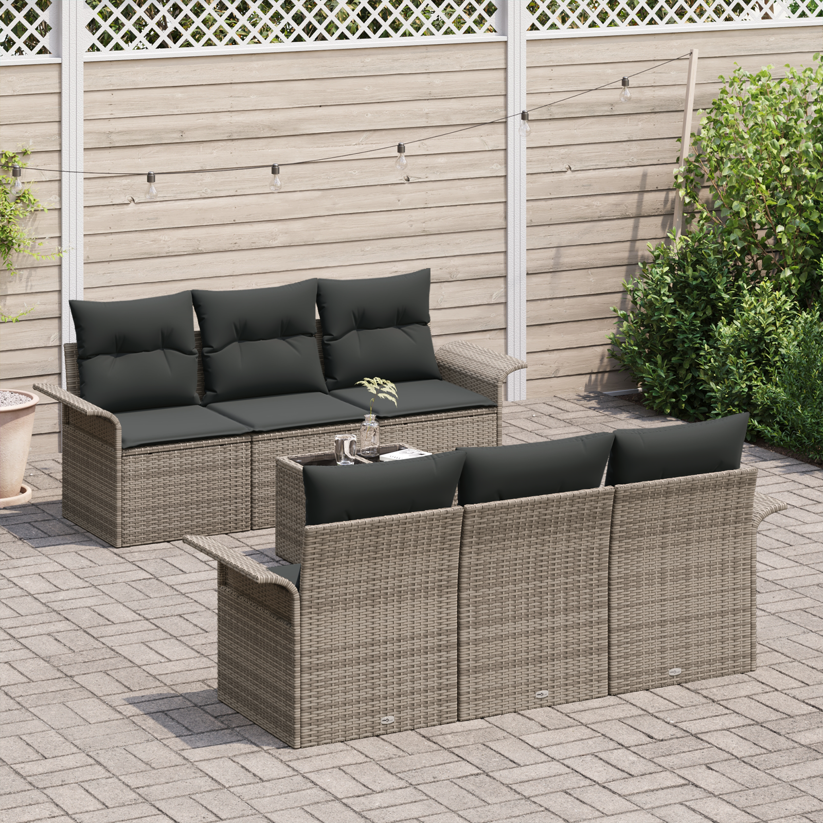 vidaXL 7-delige Tuinbankenset met kussens poly rattan grijs