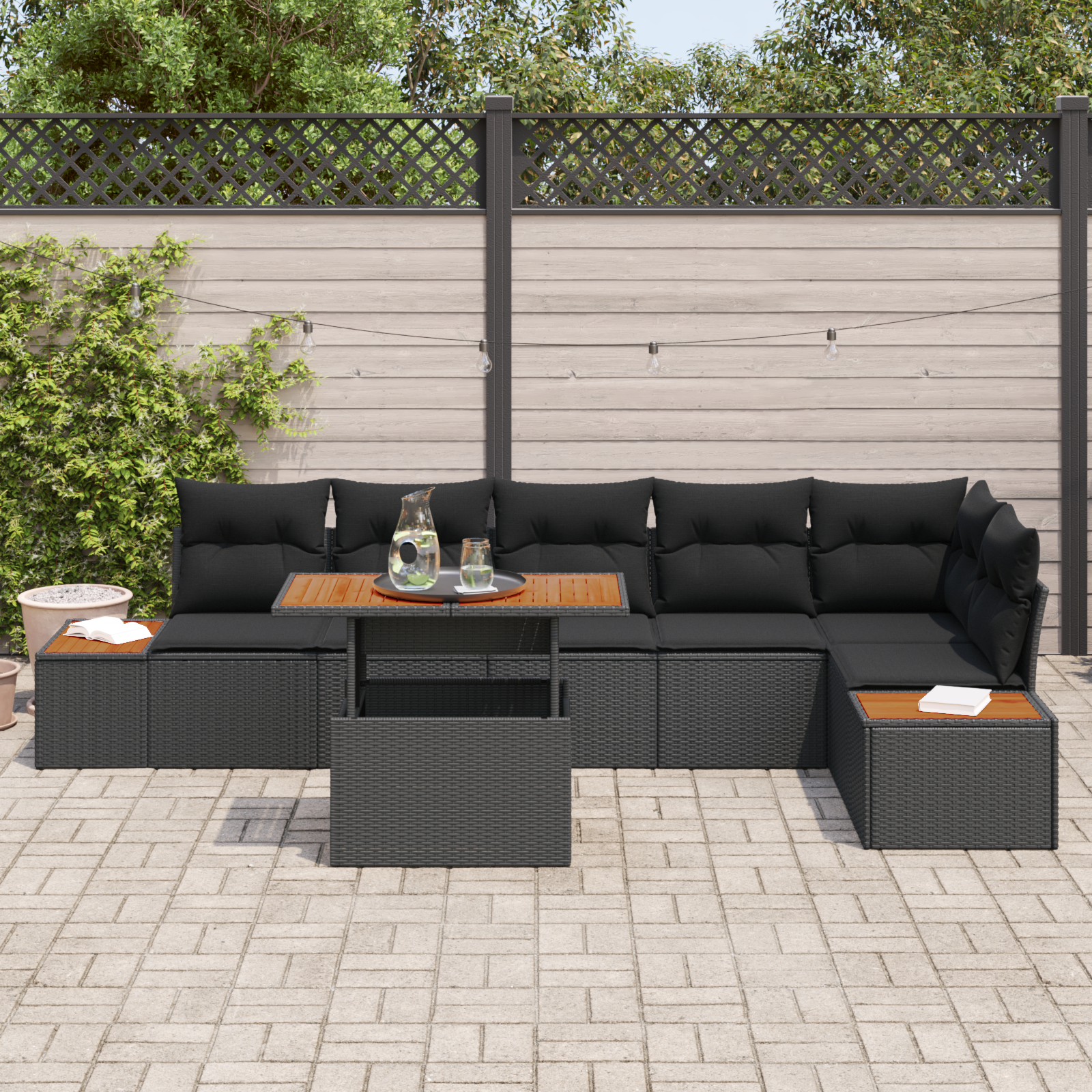 vidaXL 7-delige tuinset met kussens in zwart poly rattan en acacia