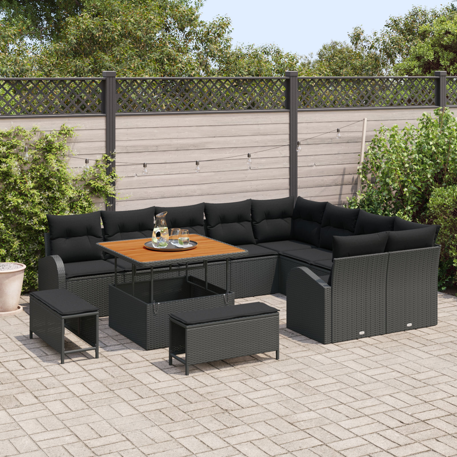 vidaXL 12-delige tuinset met kussens in zwart poly rattan en acacia